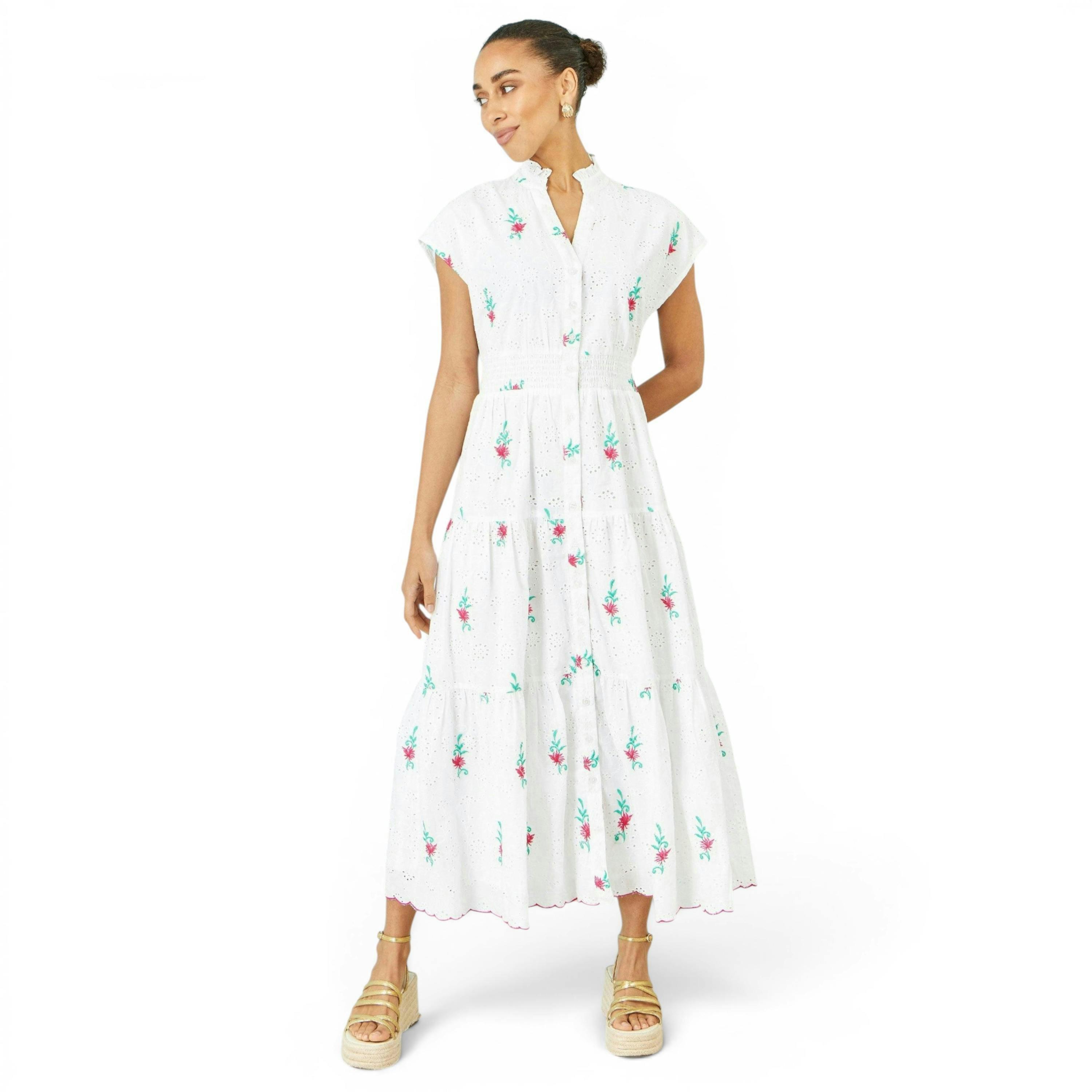 Yumi White Cotton Broderie Anglaise Embroidered Midi Dress , view 1 of 6