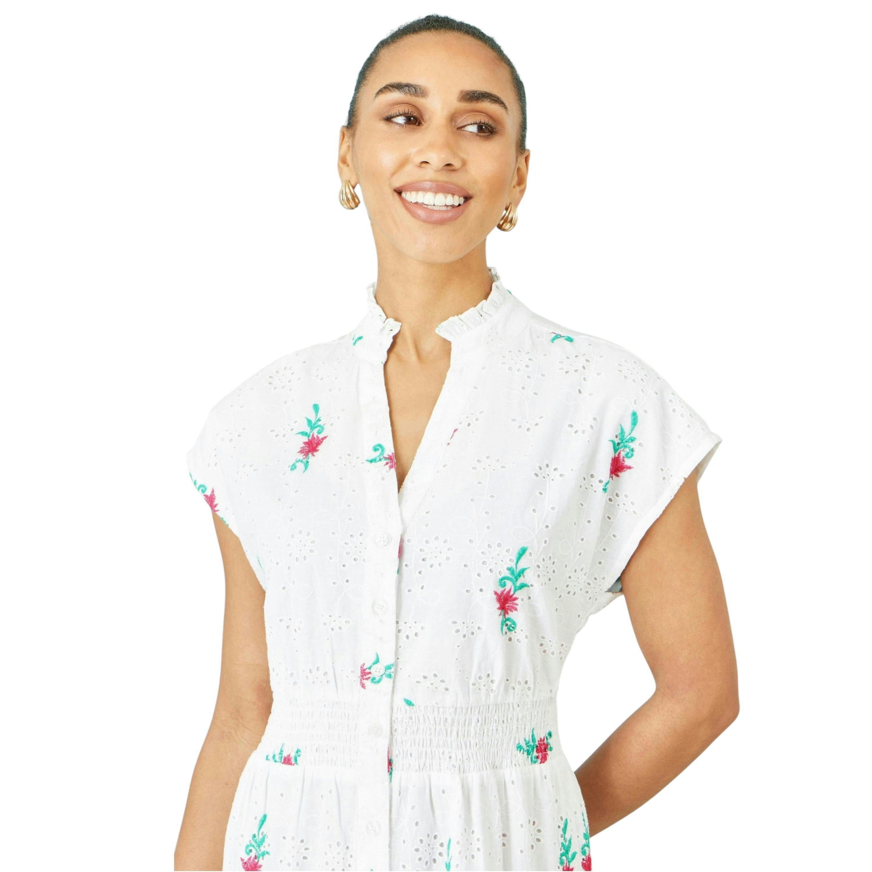 Yumi White Cotton Broderie Anglaise Embroidered Midi Dress , view 2 of 6