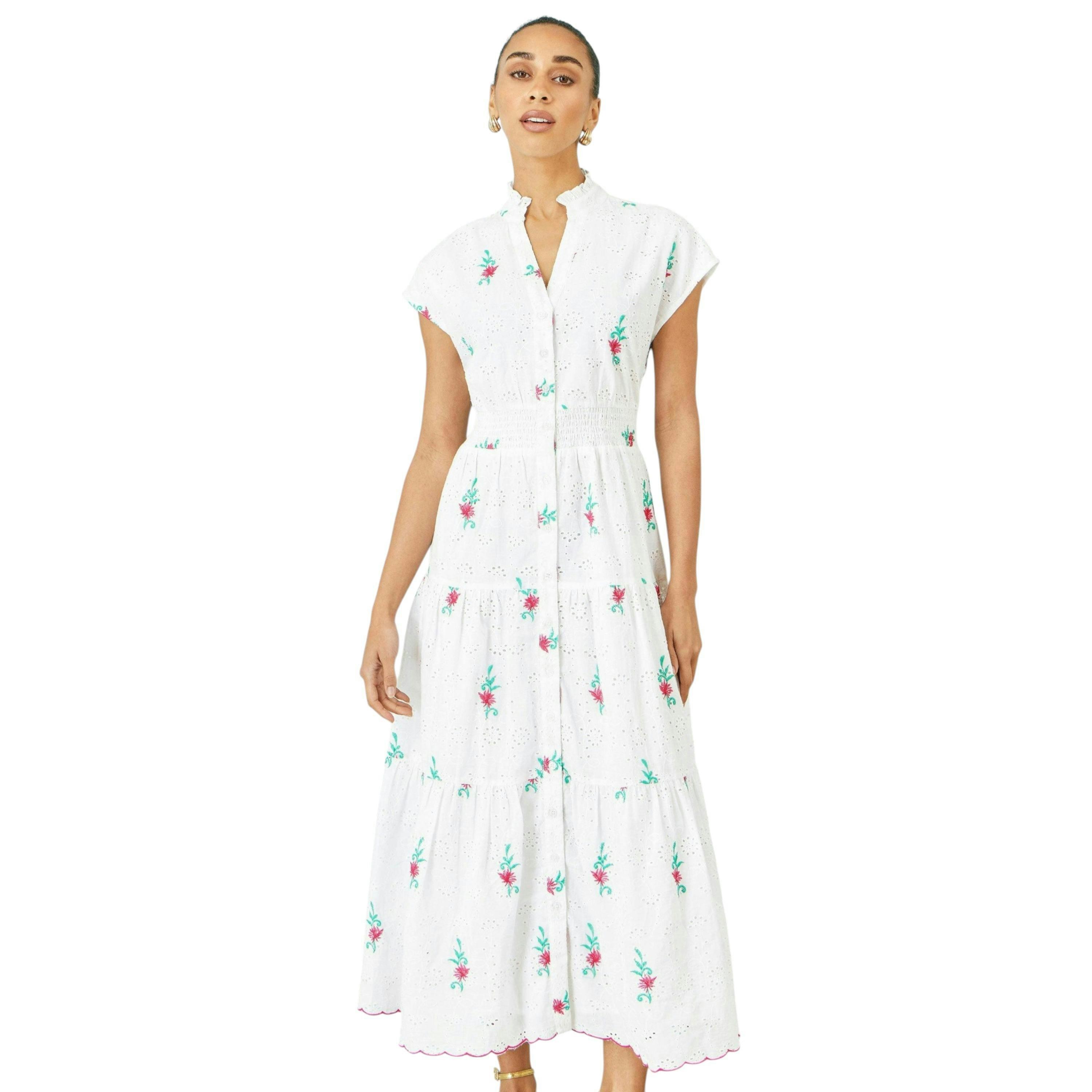 Yumi White Cotton Broderie Anglaise Embroidered Midi Dress , view 3 of 6