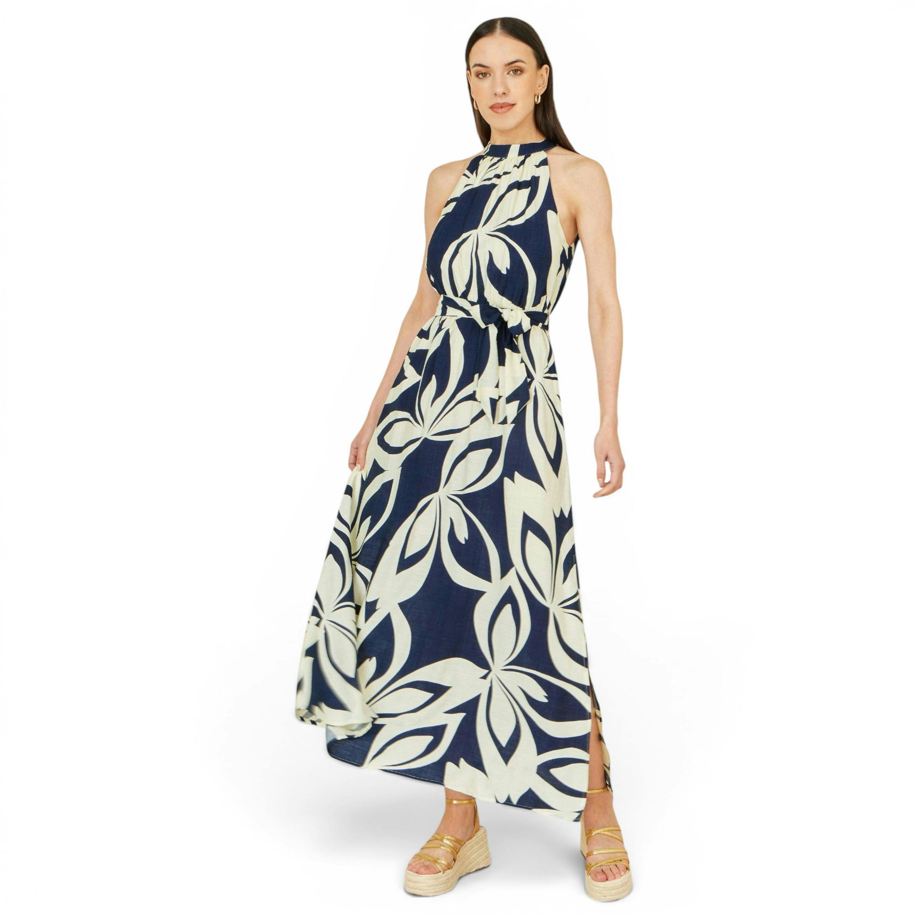 Yumi Navy Geo Swirl Print Halter Maxi Dress , view 3 of 5