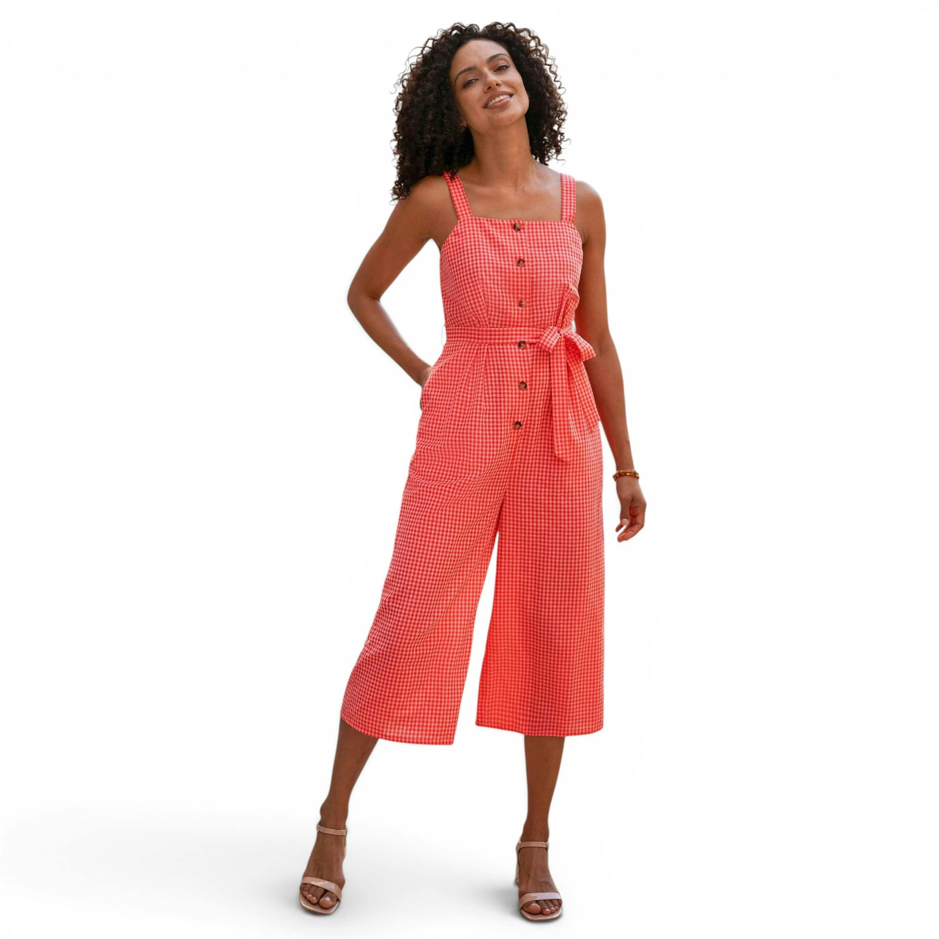 Yumi Red Gingham Button Through Jumpsuit , view 1 of 6