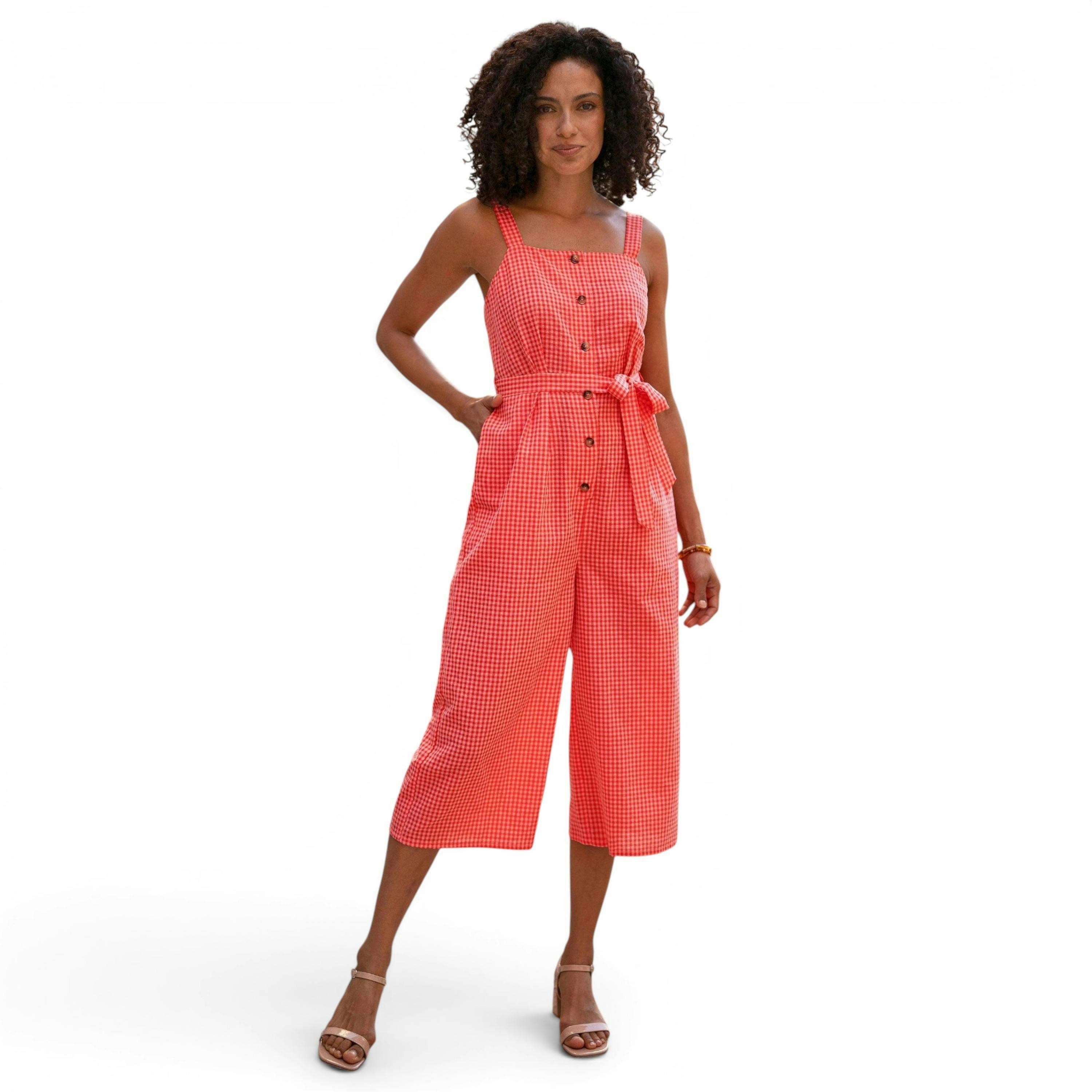 Yumi Red Gingham Button Through Jumpsuit , view 3 of 6