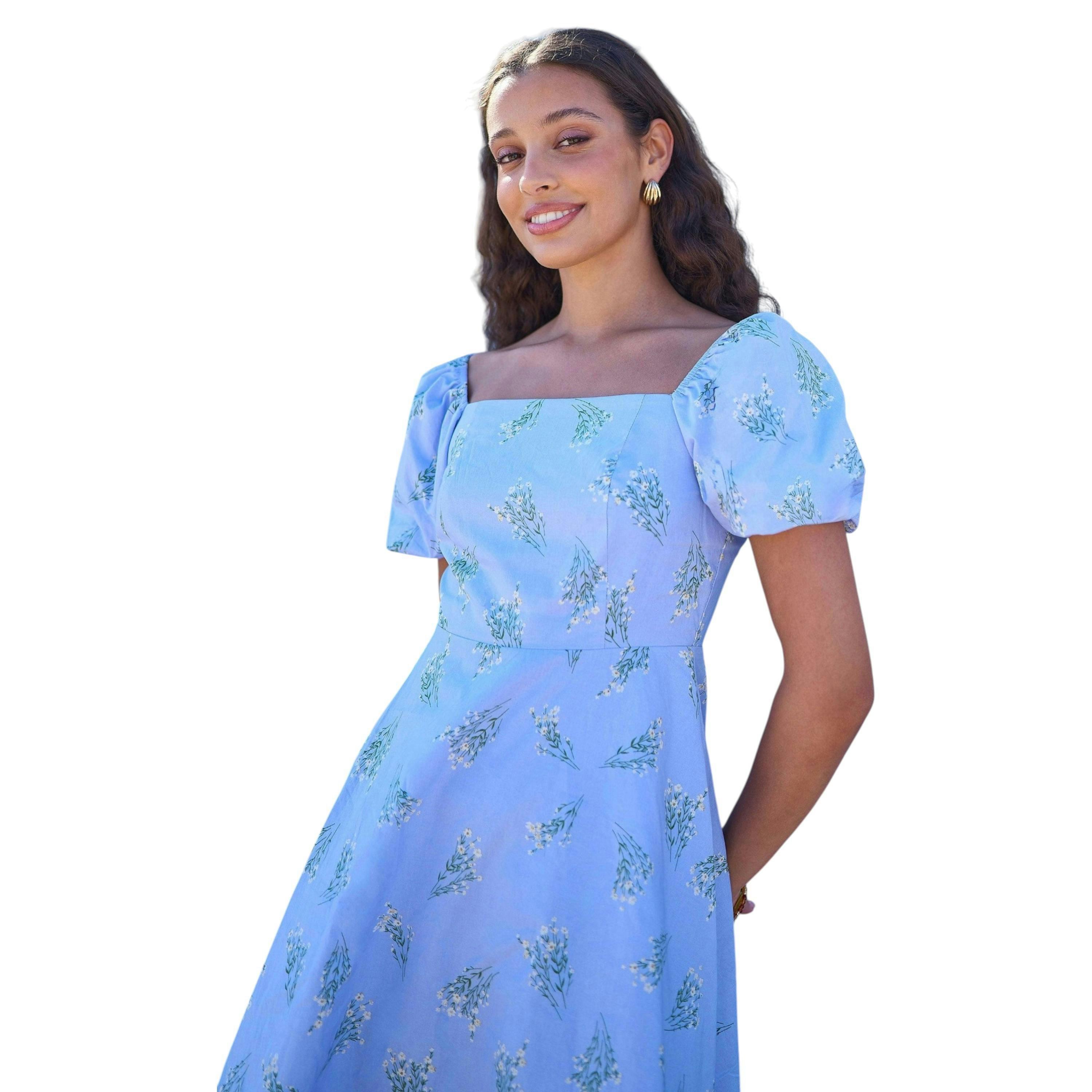 Yumi Blue Cotton Floral Puff Sleeve Skater Dress , view 1 of 6
