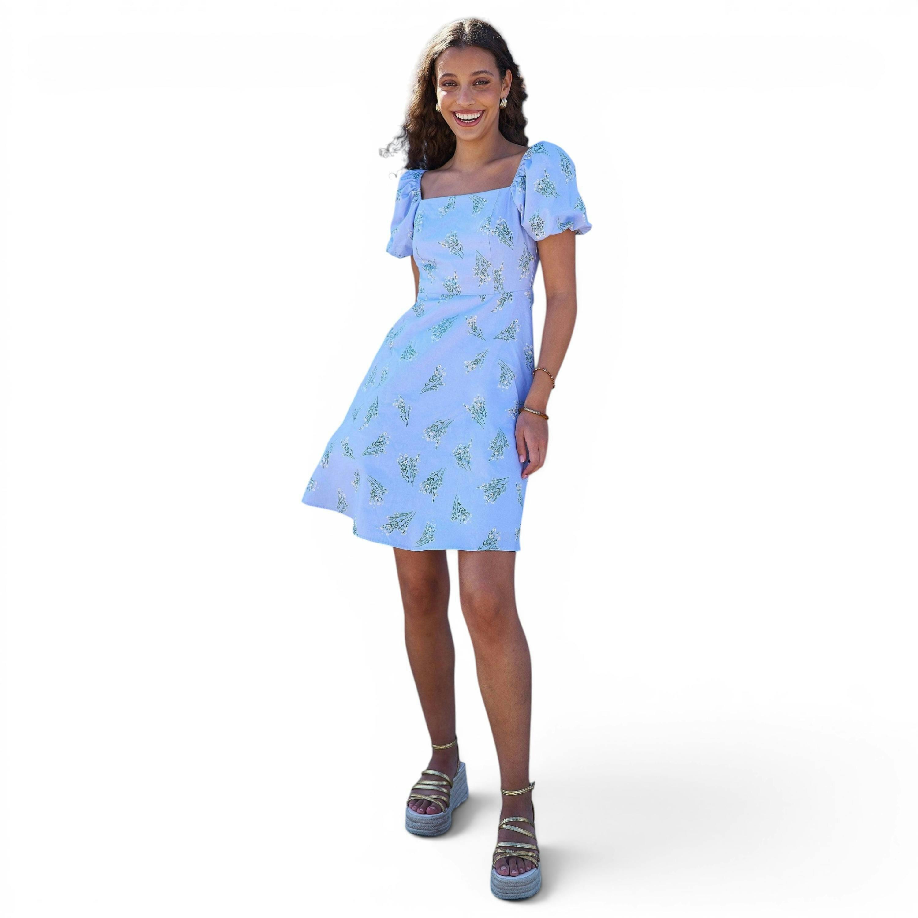 Yumi Blue Cotton Floral Puff Sleeve Skater Dress , view 2 of 6