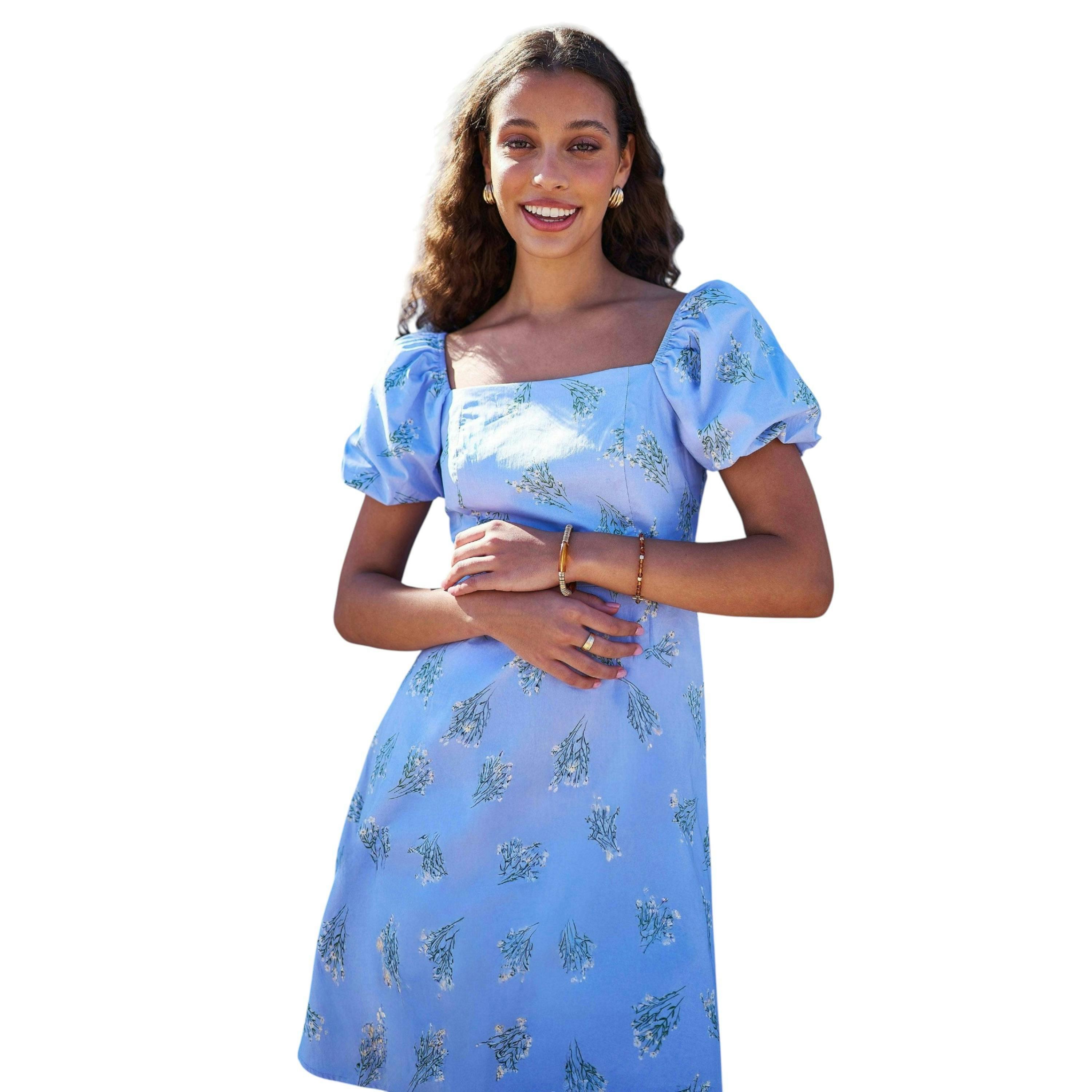 Yumi Blue Cotton Floral Puff Sleeve Skater Dress , view 3 of 6