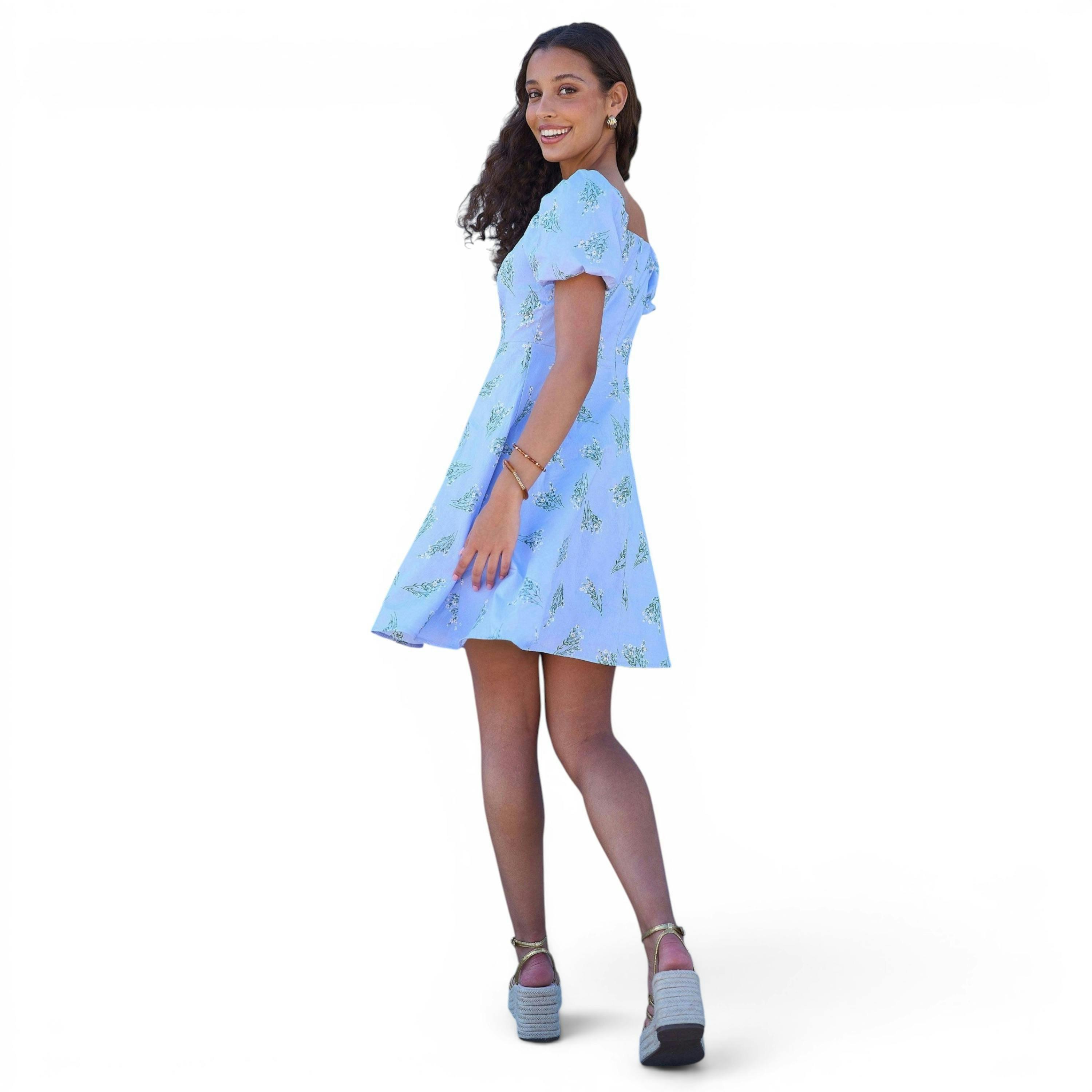 Yumi Blue Cotton Floral Puff Sleeve Skater Dress , view 4 of 6