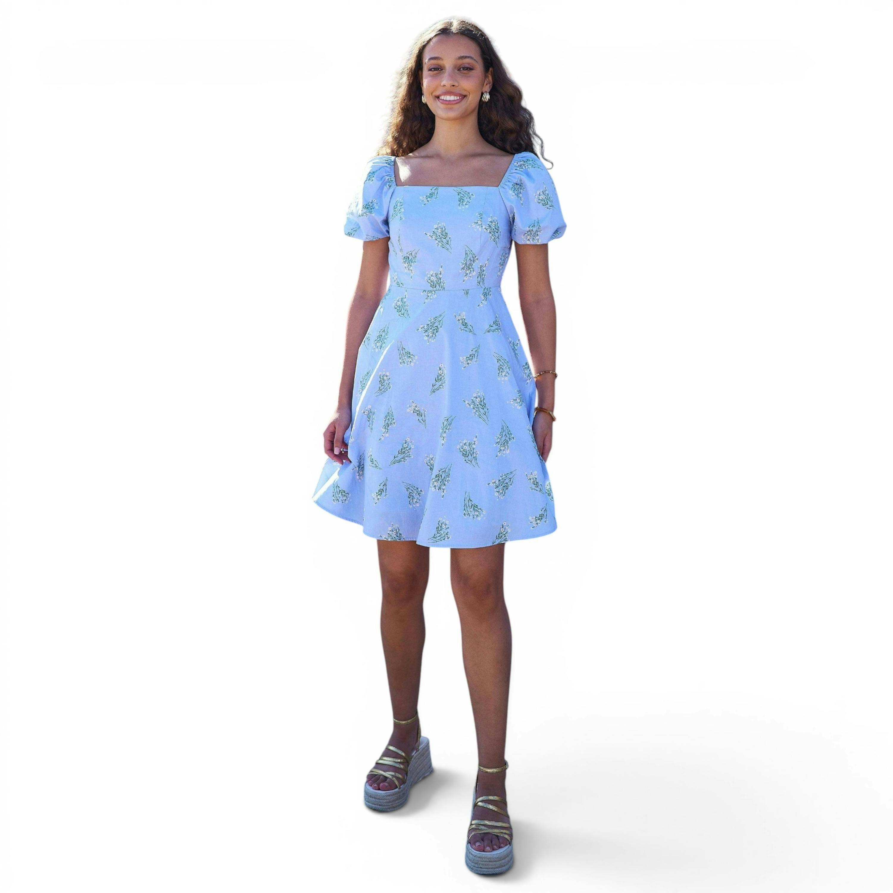 Yumi Blue Cotton Floral Puff Sleeve Skater Dress , view 5 of 6