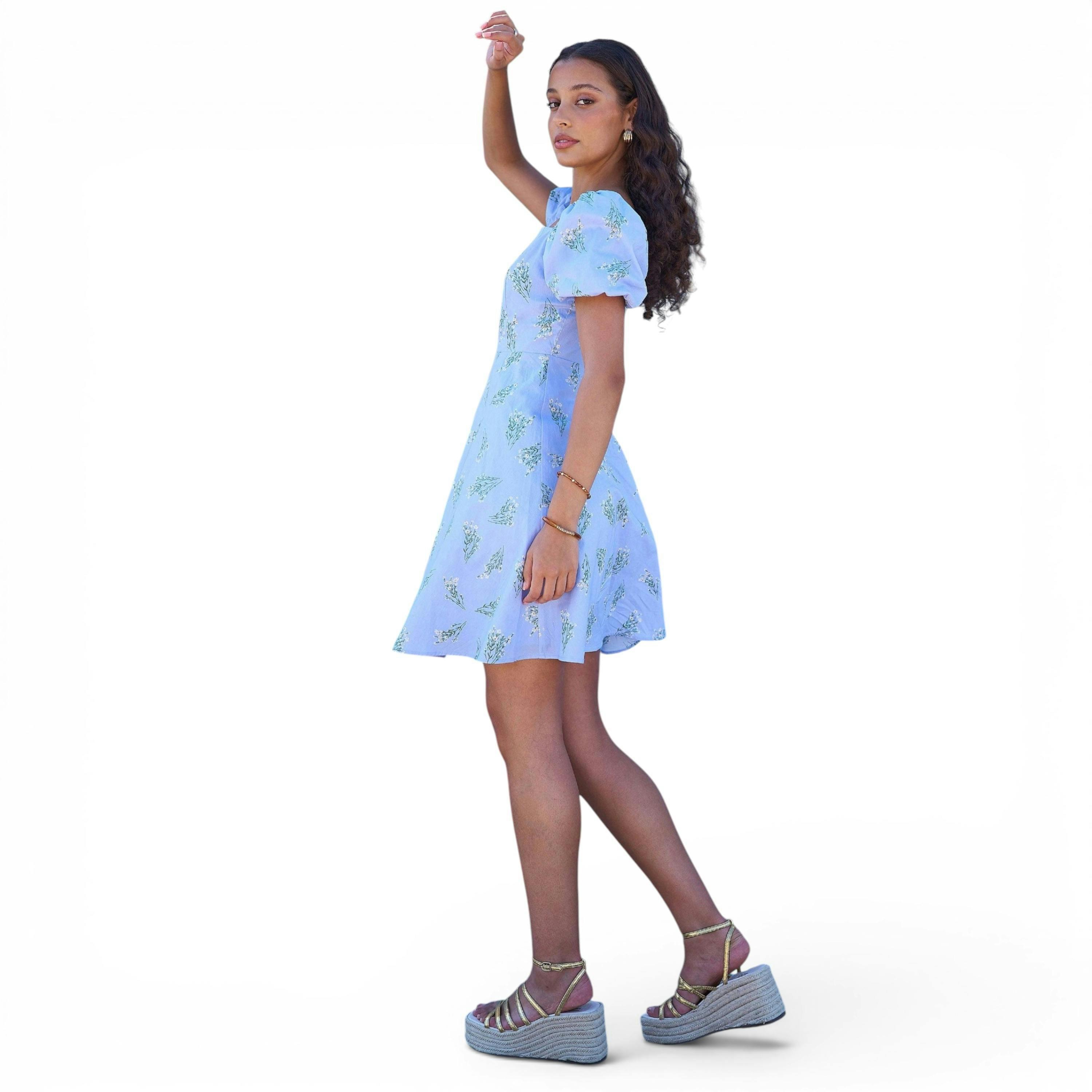 Yumi Blue Cotton Floral Puff Sleeve Skater Dress , view 6 of 6