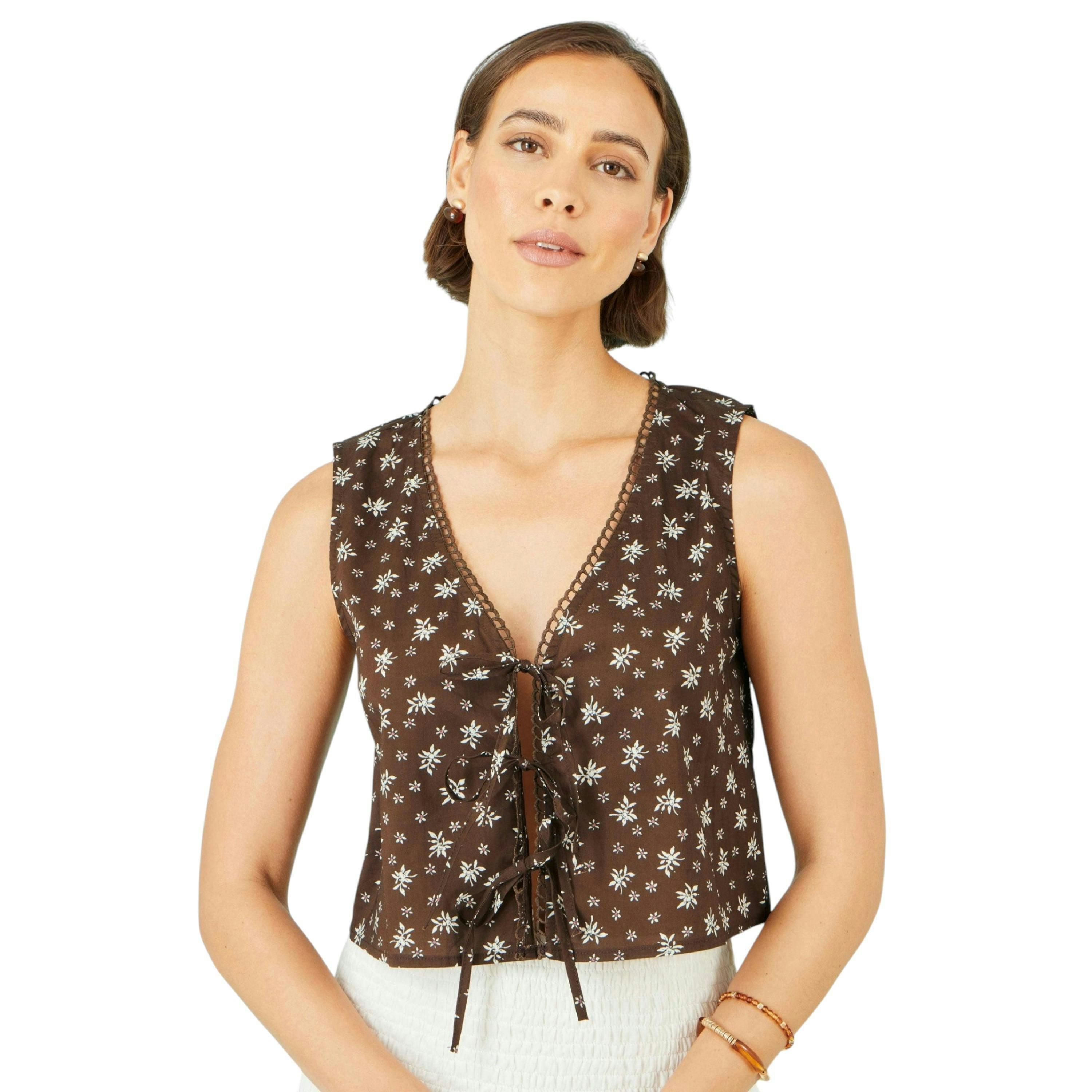 Yumi Brown Cotton Daisy Print Waistcoat Top , view 1 of 5