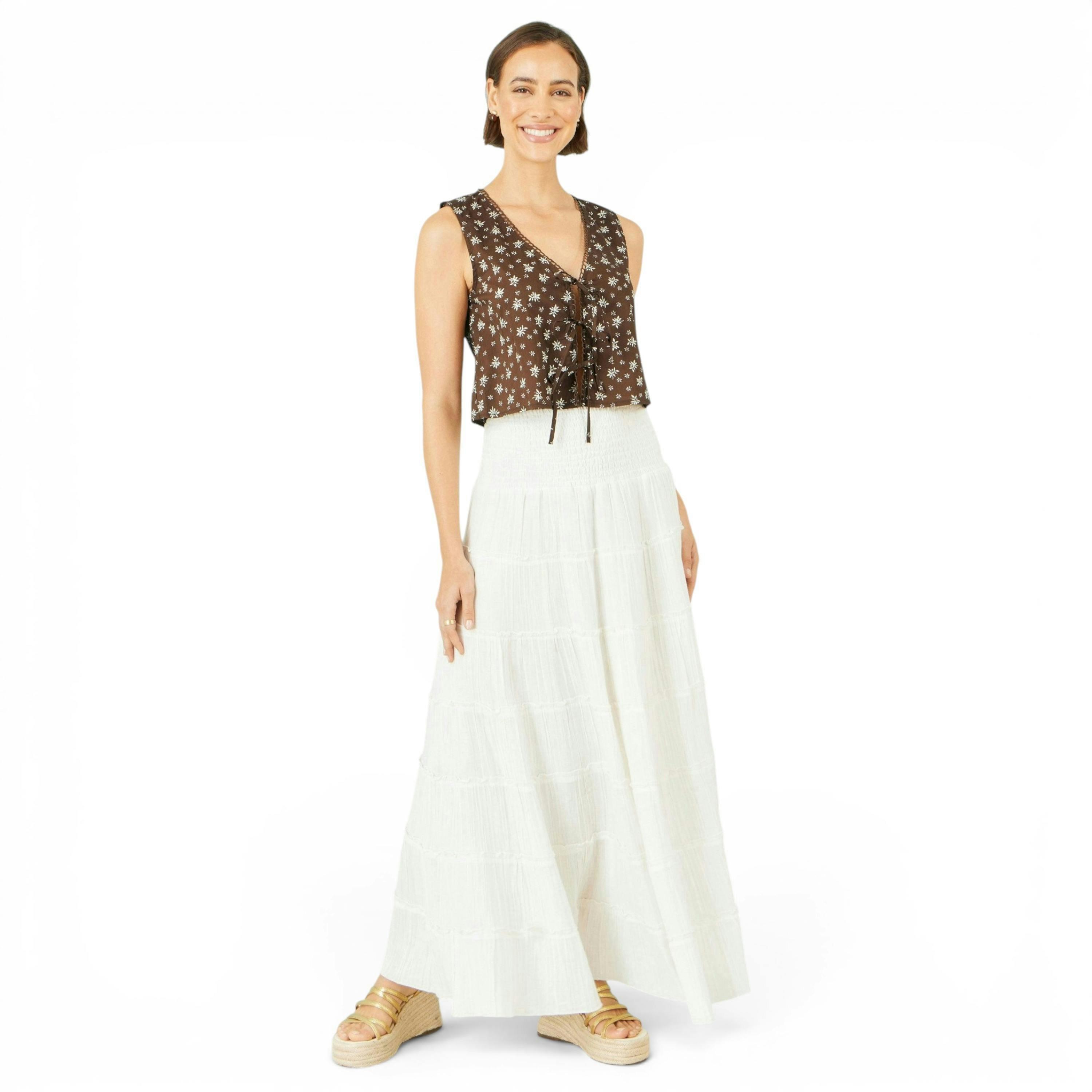 Yumi Brown Cotton Daisy Print Waistcoat Top , view 2 of 5