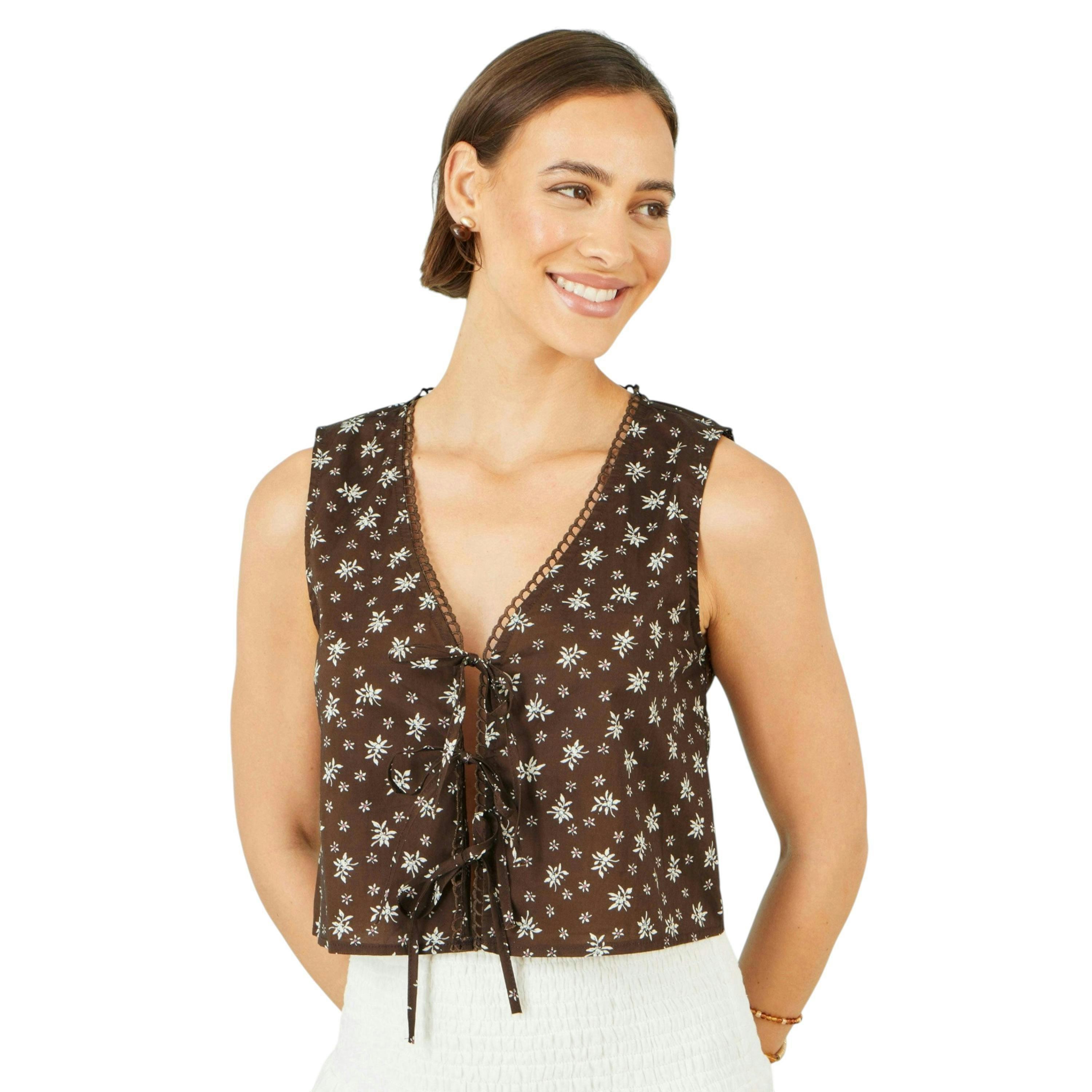 Yumi Brown Cotton Daisy Print Waistcoat Top , view 3 of 5