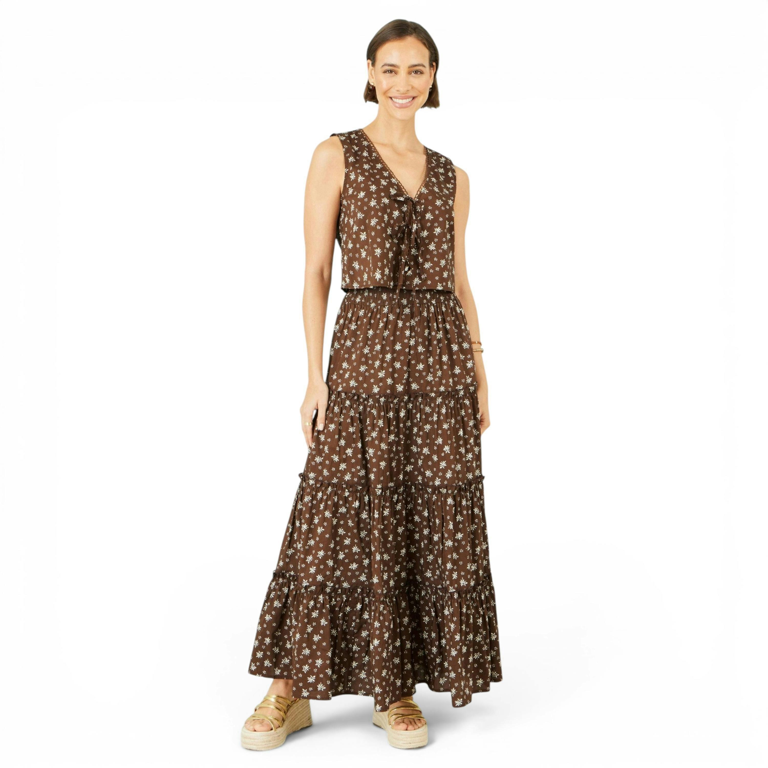 Yumi Brown Daisy Print Maxi Skirt , view 1 of 4