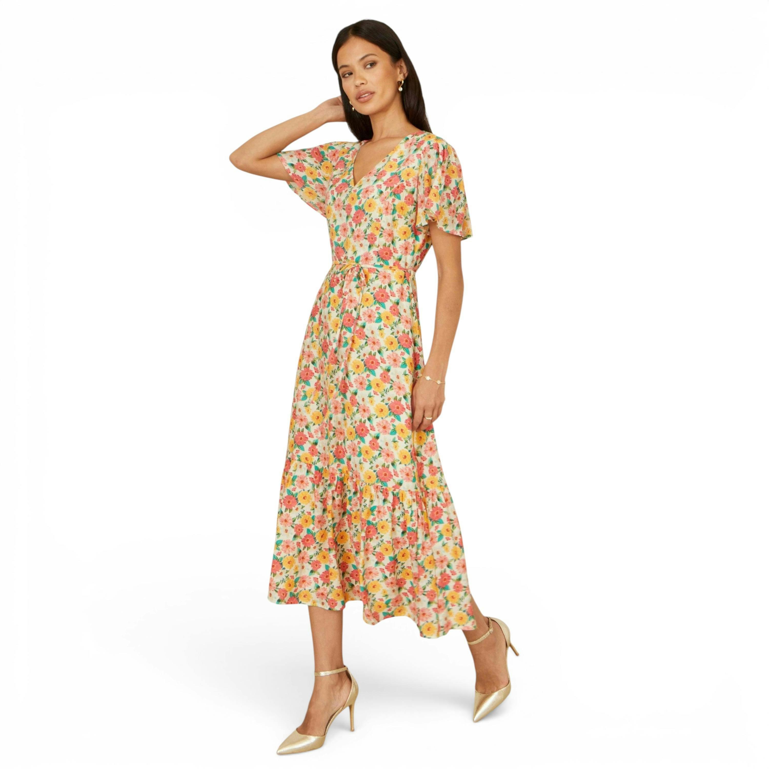 Yumi Multicolour Midi Tea Dress With Angel Sleeves , view 1 of 6