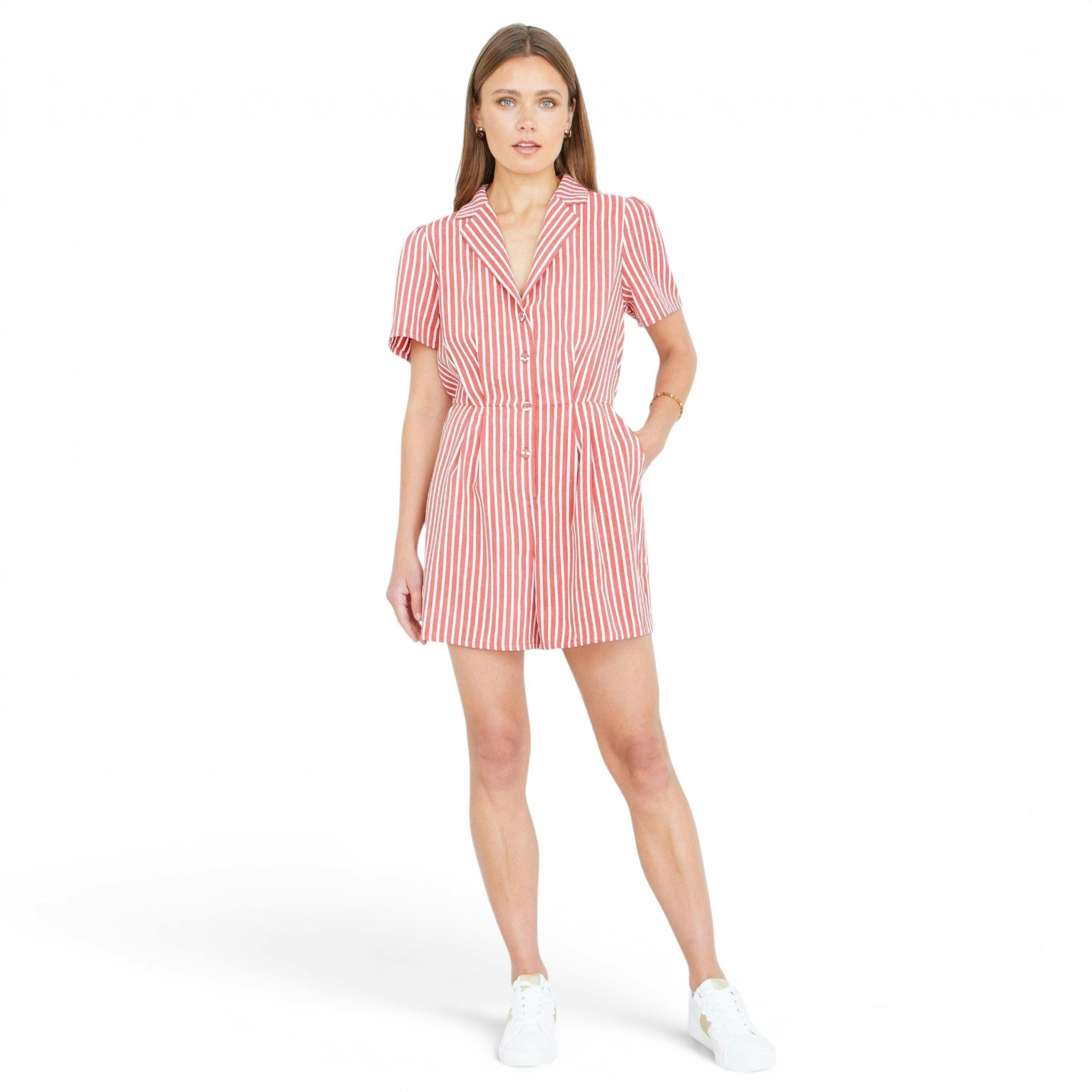 Yumi Red Stripe Retro Playsuit , view 3 of 6