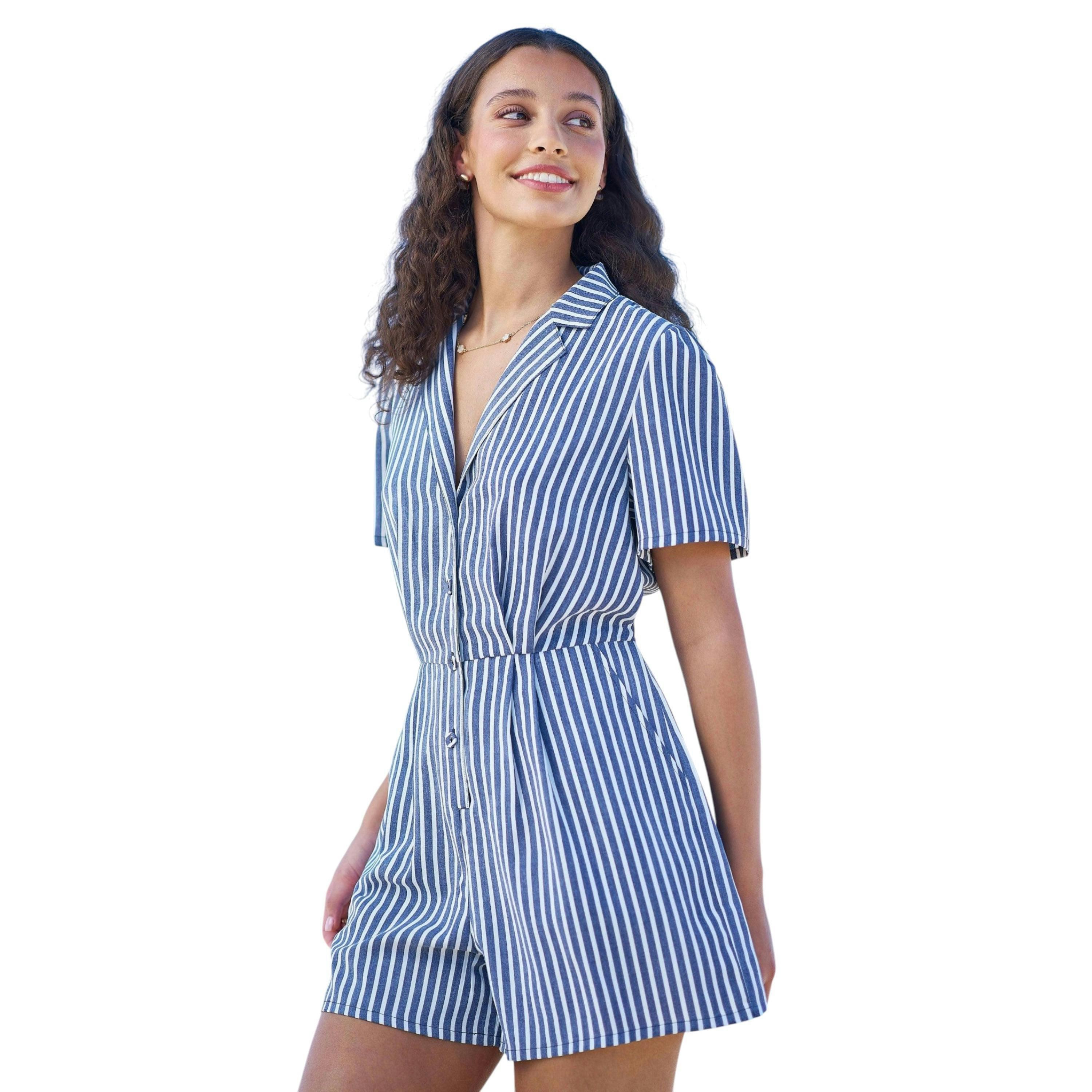 Yumi Blue Stripe Retro Playsuit , view 1 of 6