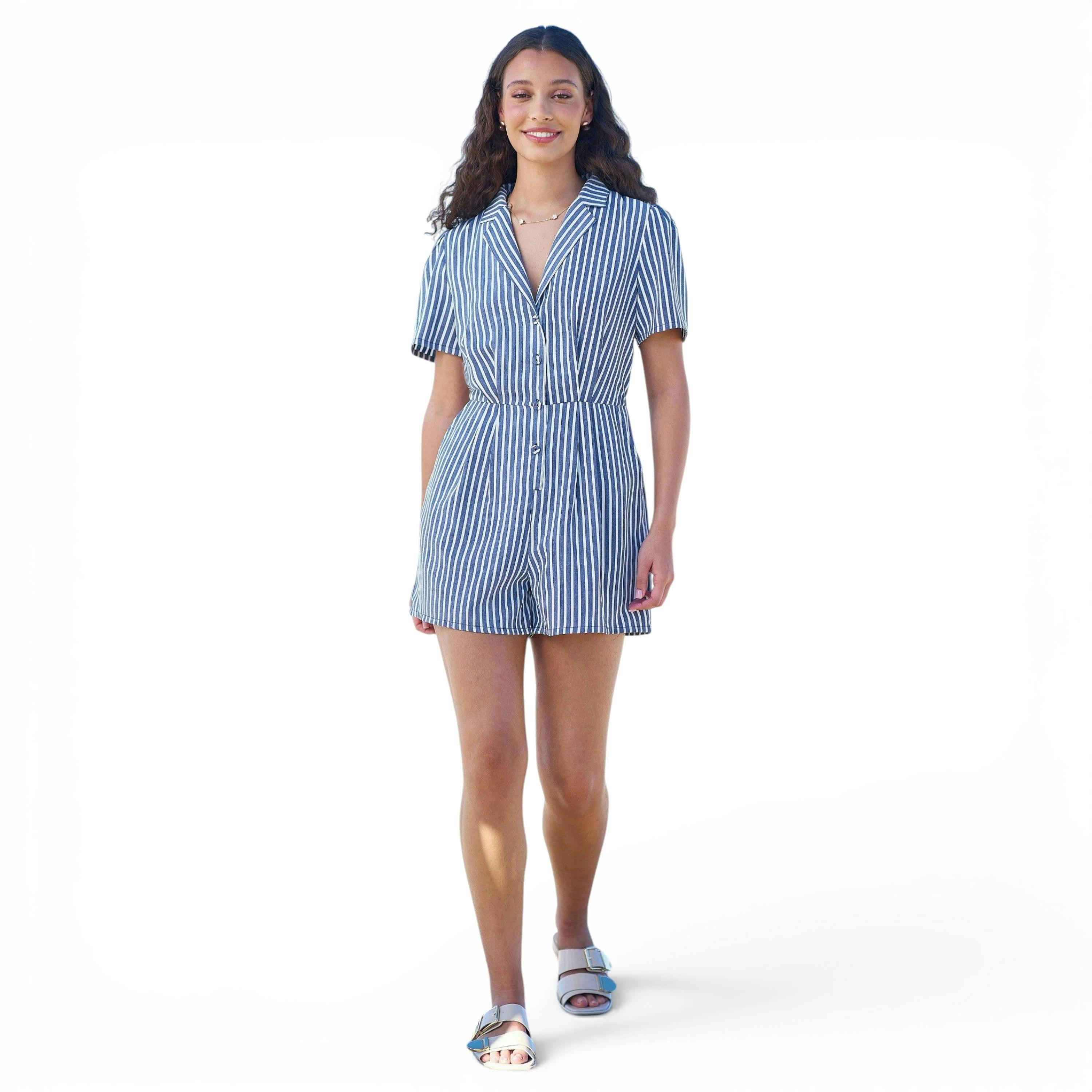 Yumi Blue Stripe Retro Playsuit , view 3 of 6
