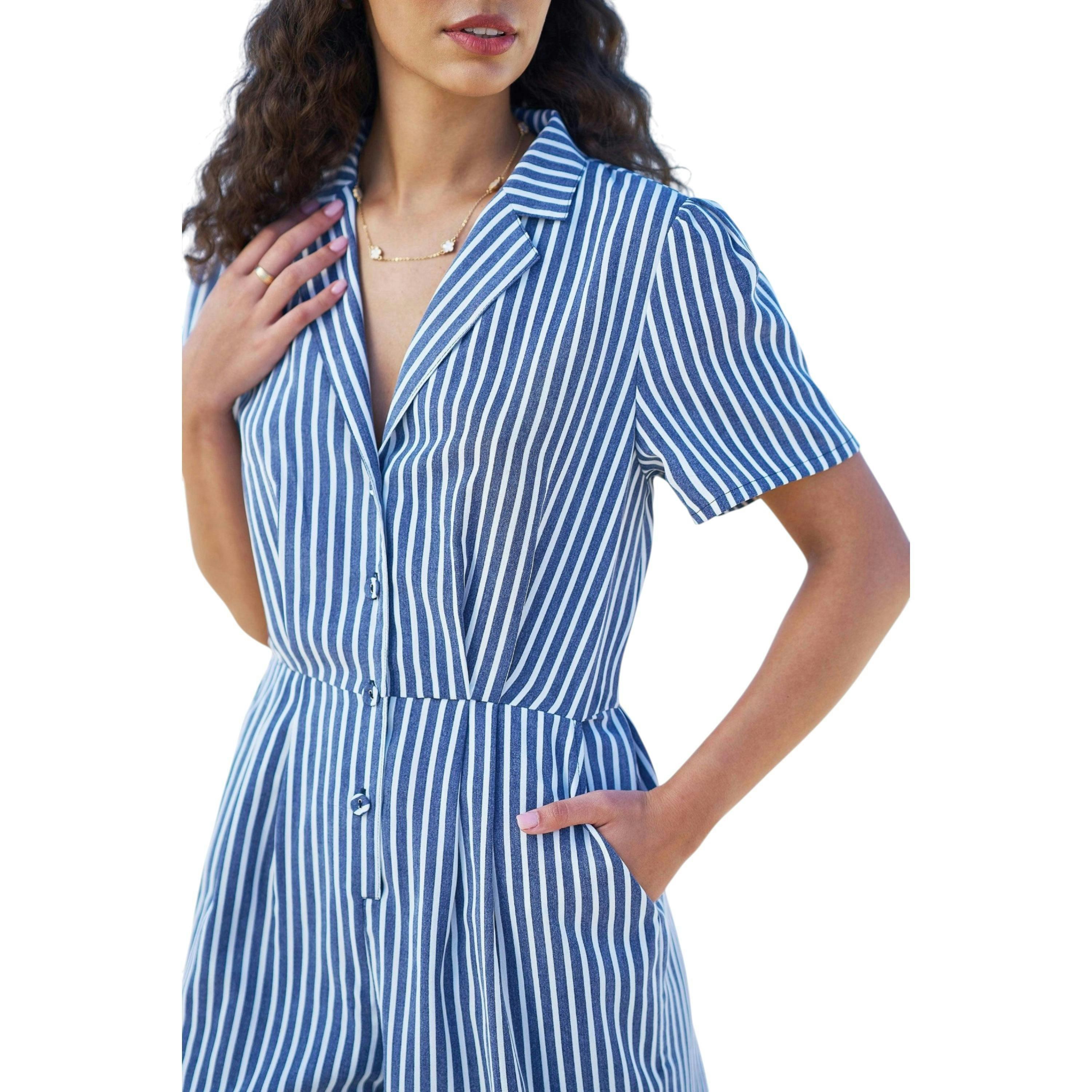 Yumi Blue Stripe Retro Playsuit , view 4 of 6