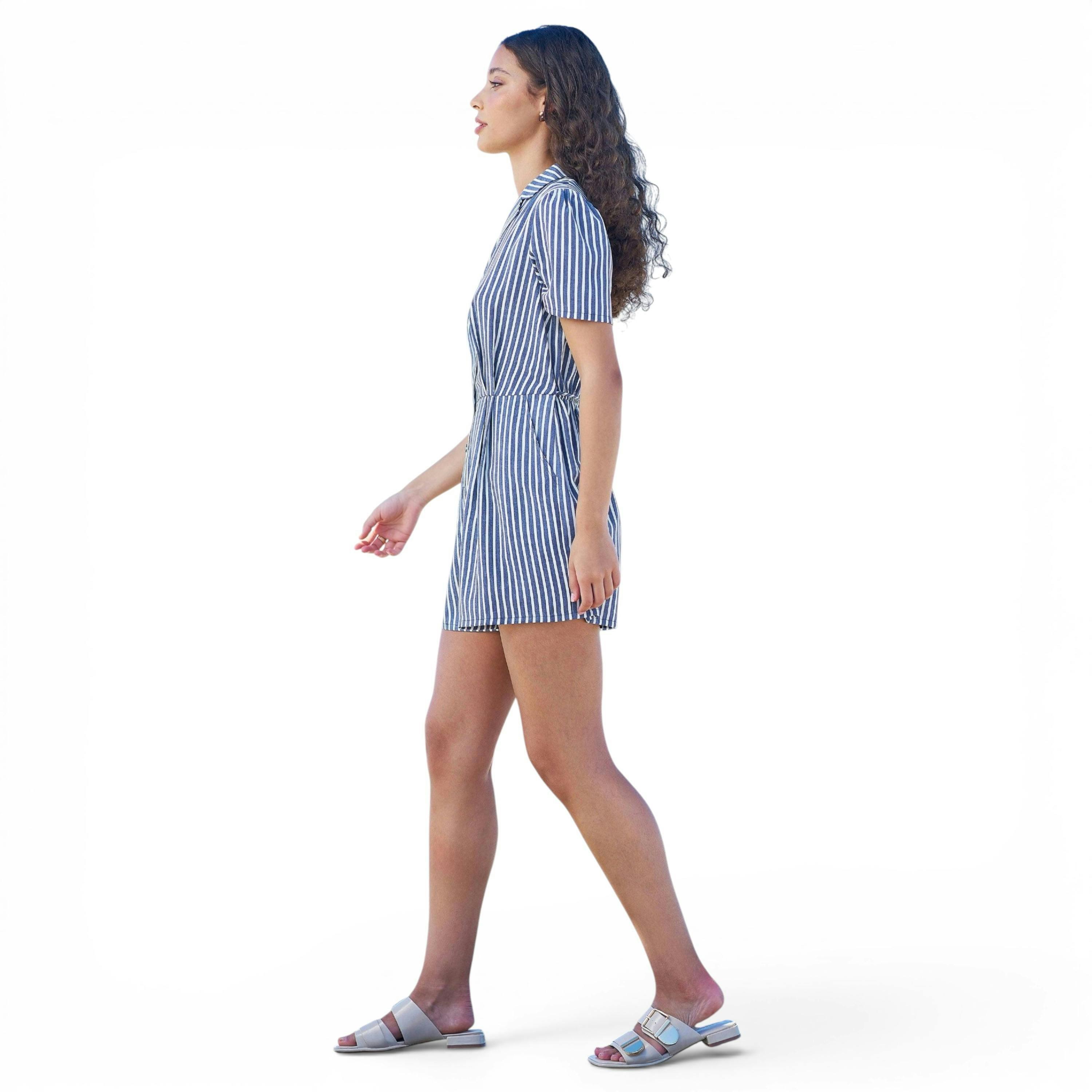 Yumi Blue Stripe Retro Playsuit , view 5 of 6