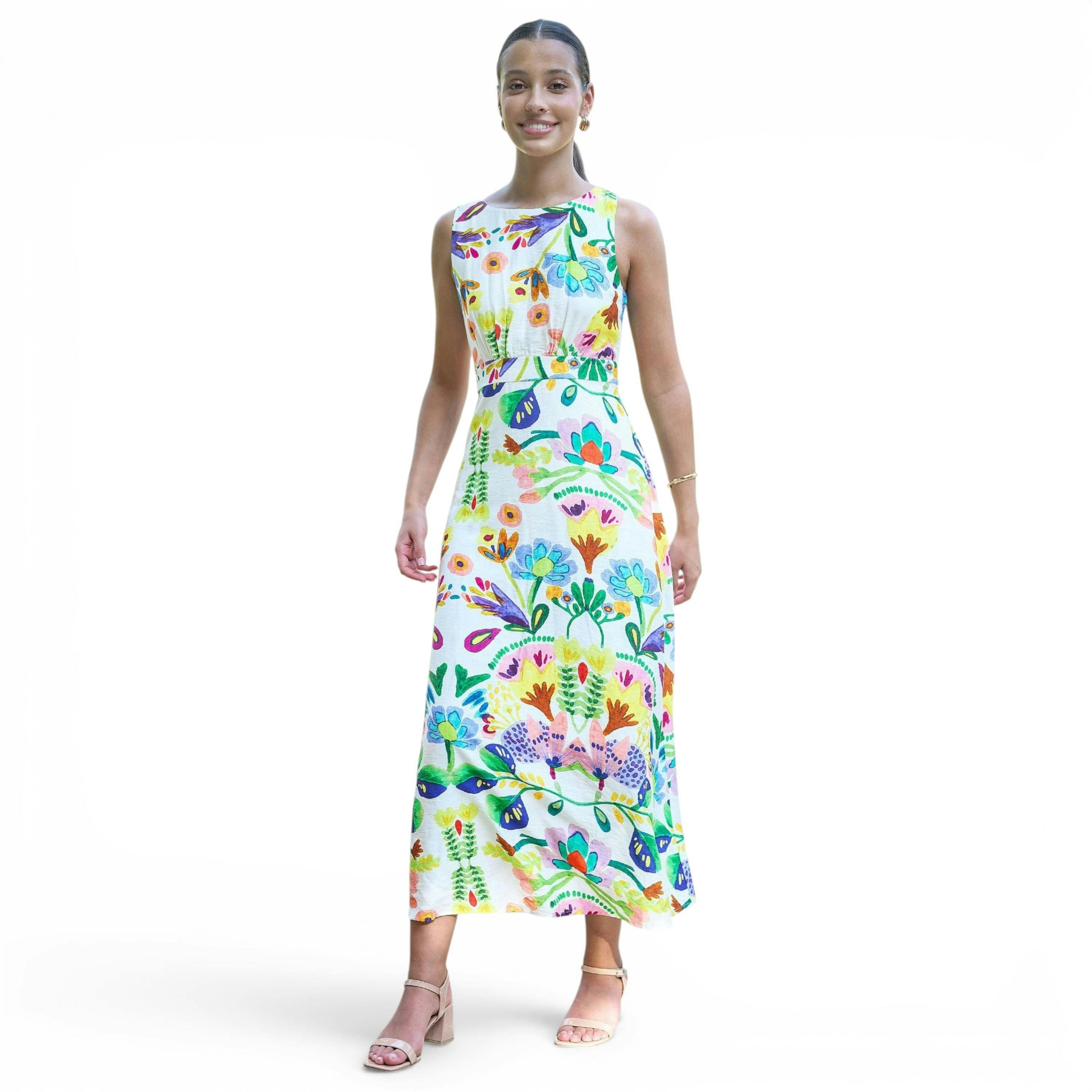 Yumi Multicolour Abstract Flower Maxi Dress With Tie Back , view 1 of 6