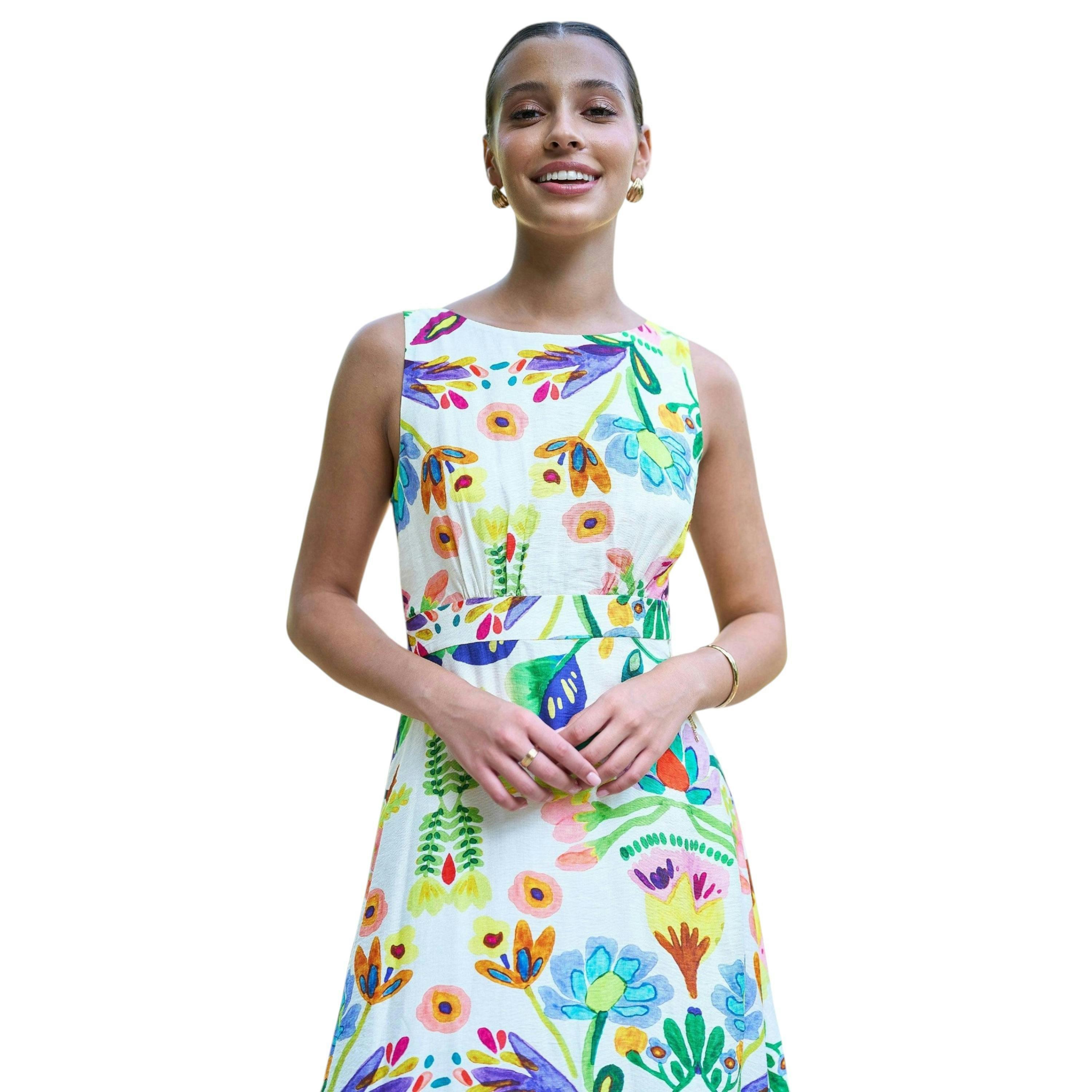 Yumi Multicolour Abstract Flower Maxi Dress With Tie Back , view 2 of 6