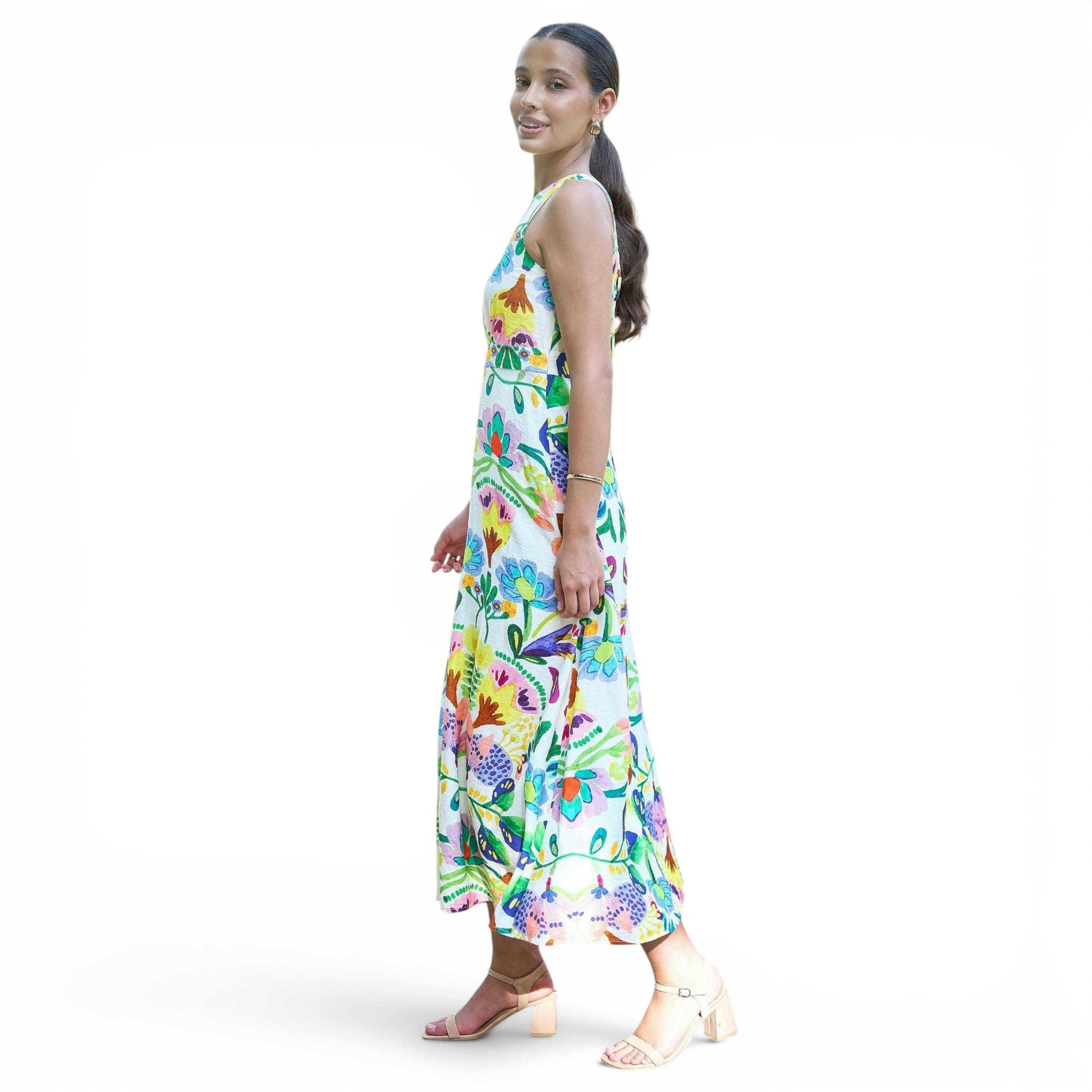 Yumi Multicolour Abstract Flower Maxi Dress With Tie Back , view 3 of 6