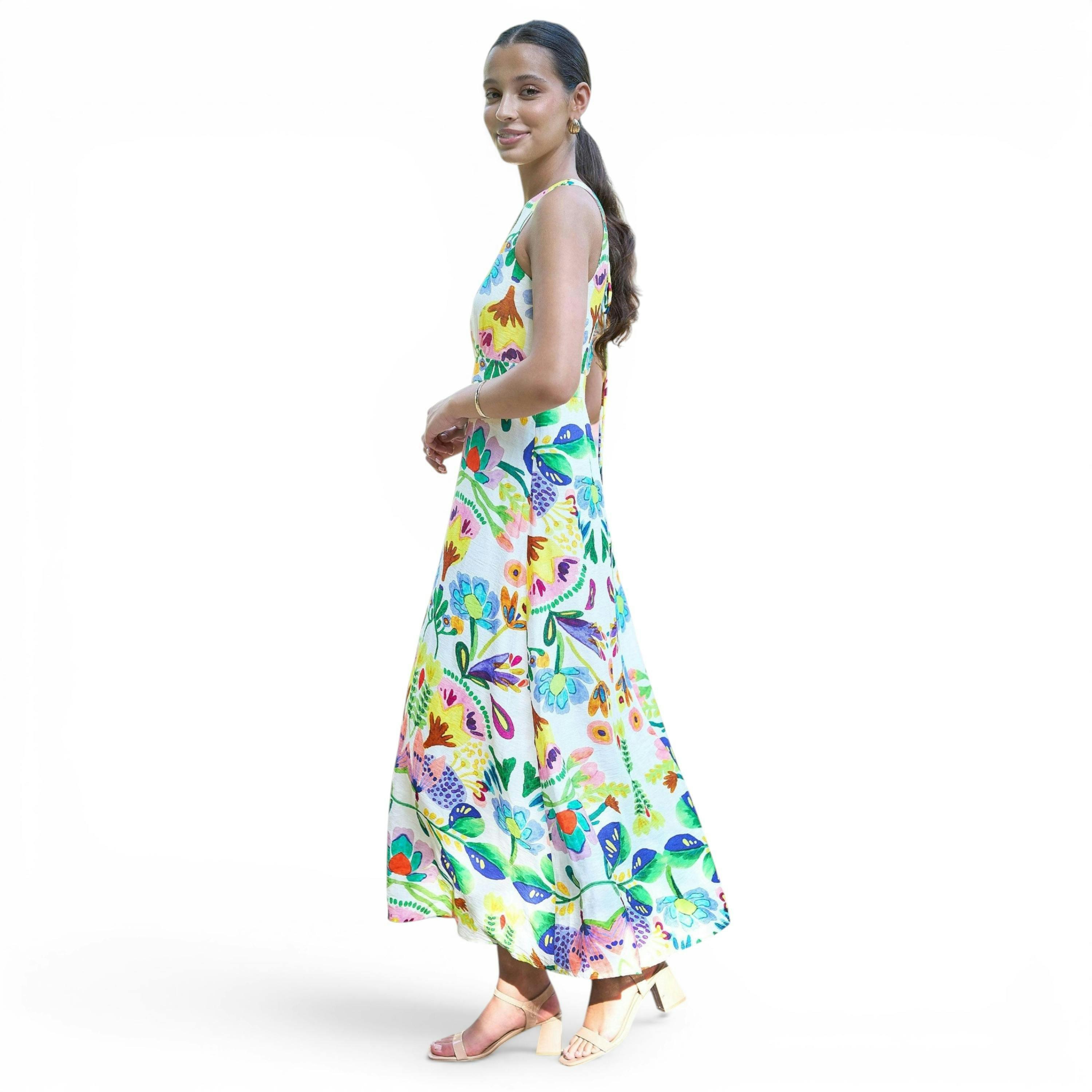 Yumi Multicolour Abstract Flower Maxi Dress With Tie Back , view 6 of 6