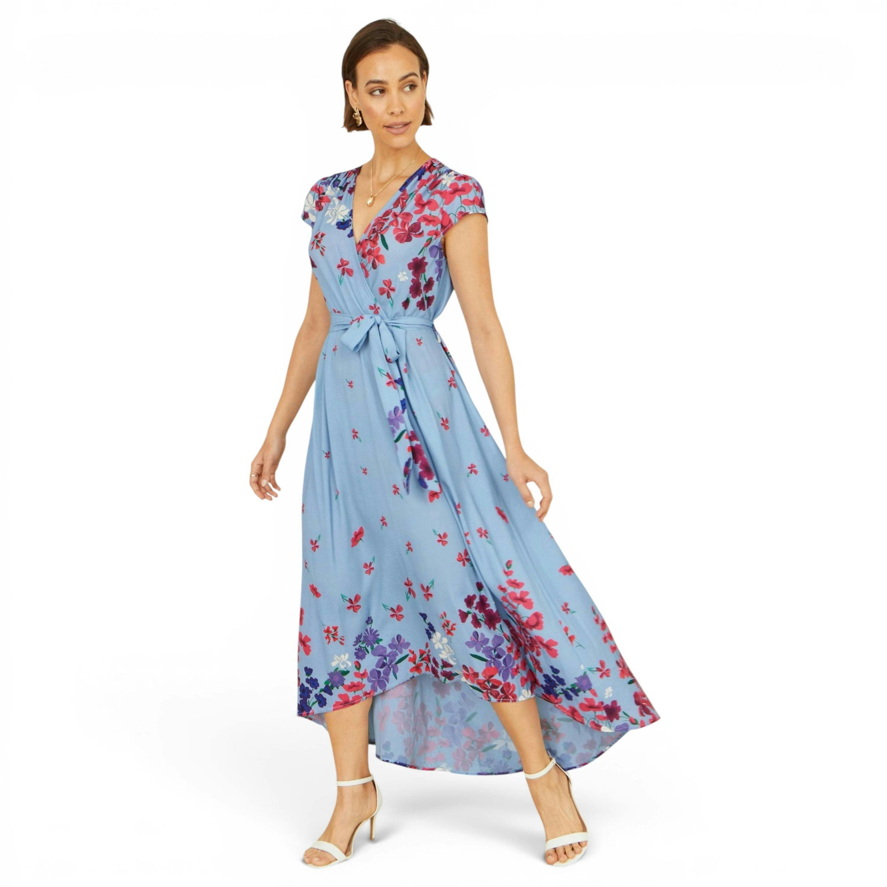 Yumi Blue Floral Mirror Wrap High Low Midi Wrap Dress , view 1 of 6