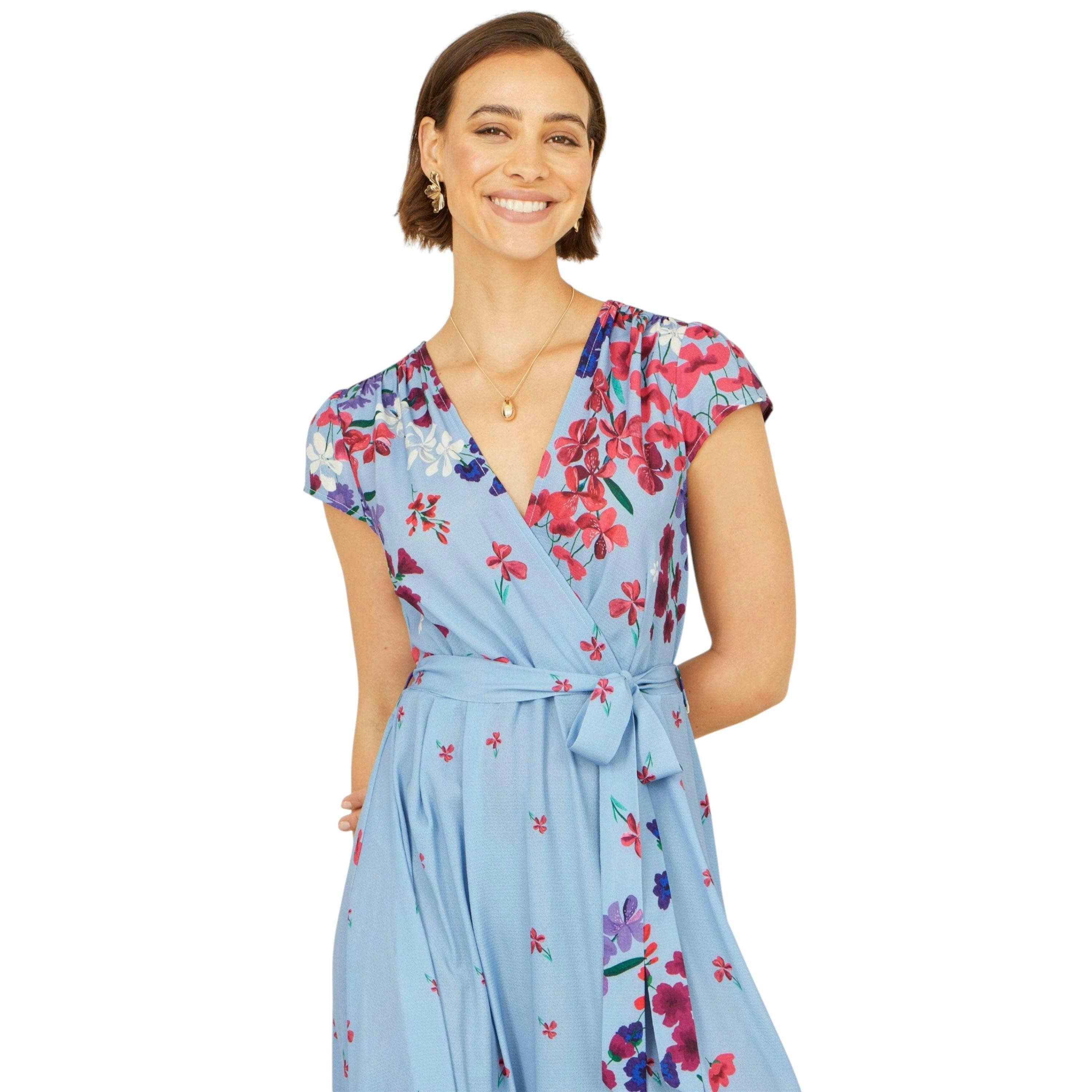 Yumi Blue Floral Mirror Wrap High Low Midi Wrap Dress , view 2 of 6