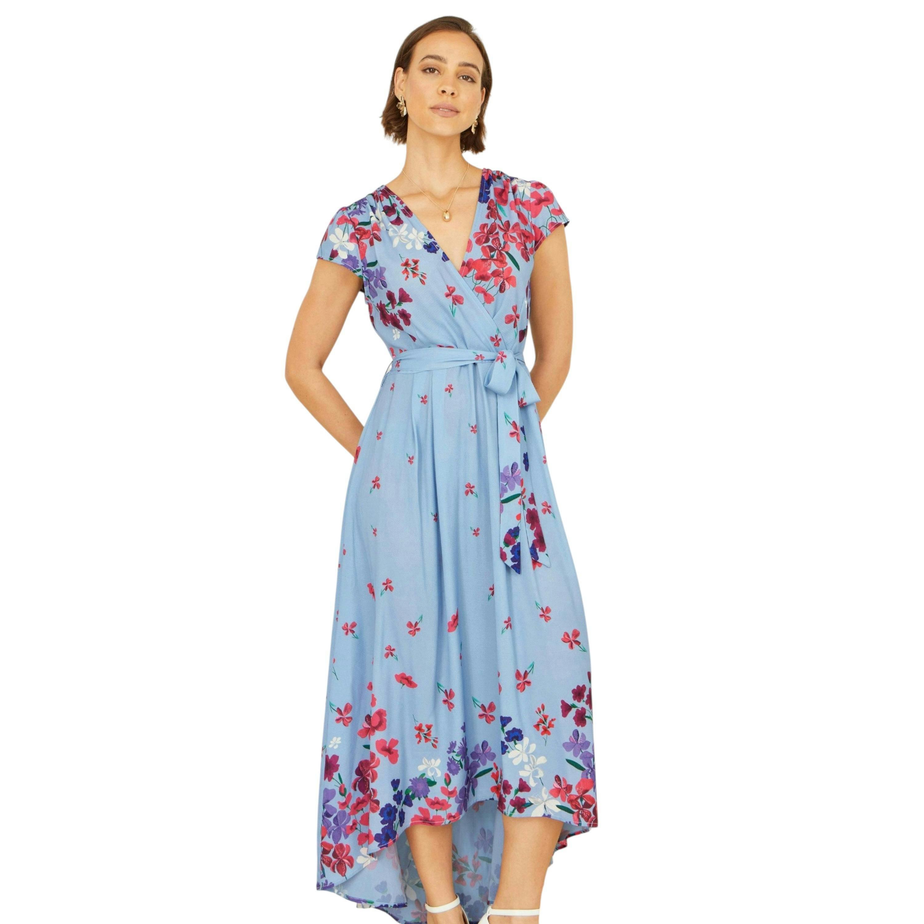 Yumi Blue Floral Mirror Wrap High Low Midi Wrap Dress , view 3 of 6