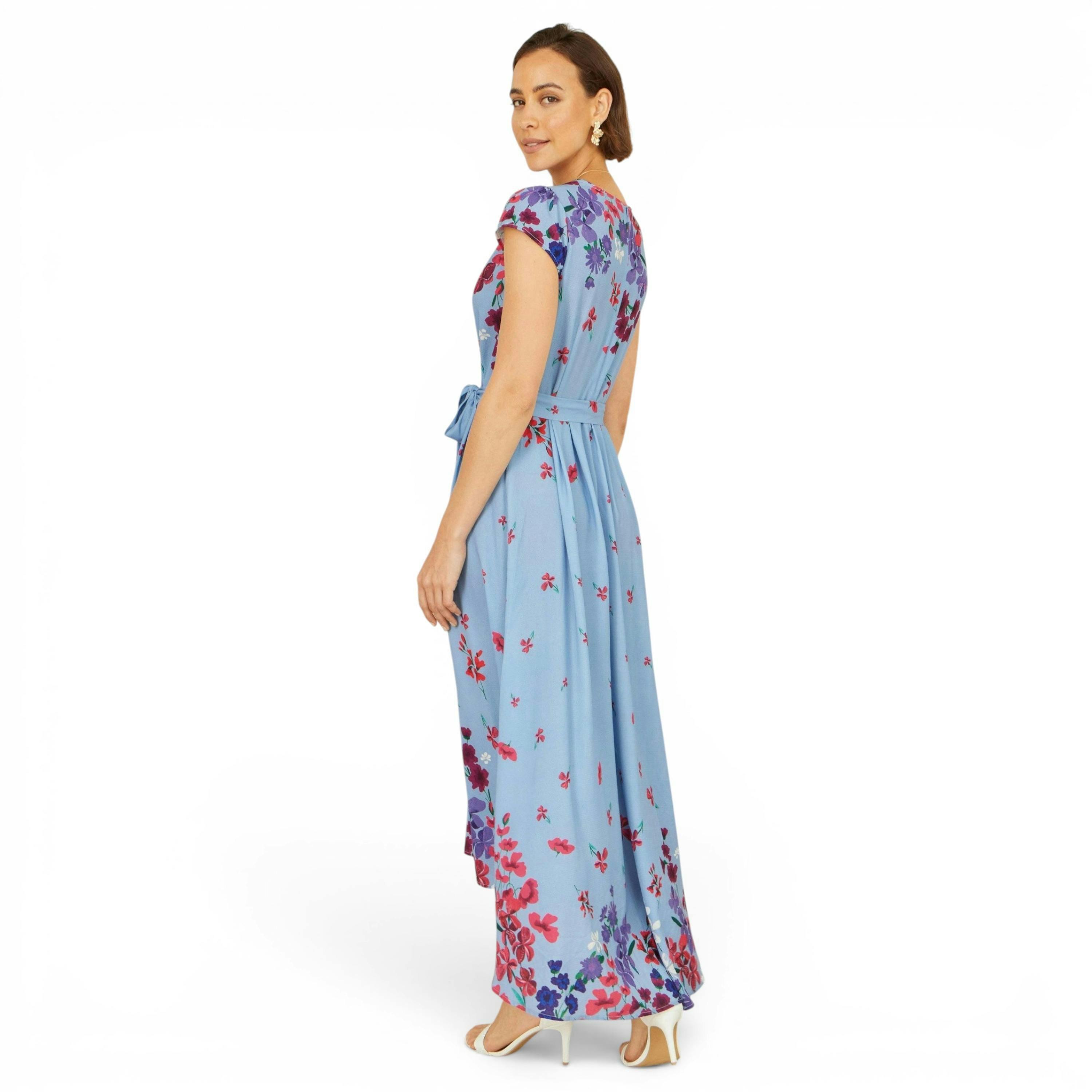 Yumi Blue Floral Mirror Wrap High Low Midi Wrap Dress , view 4 of 6