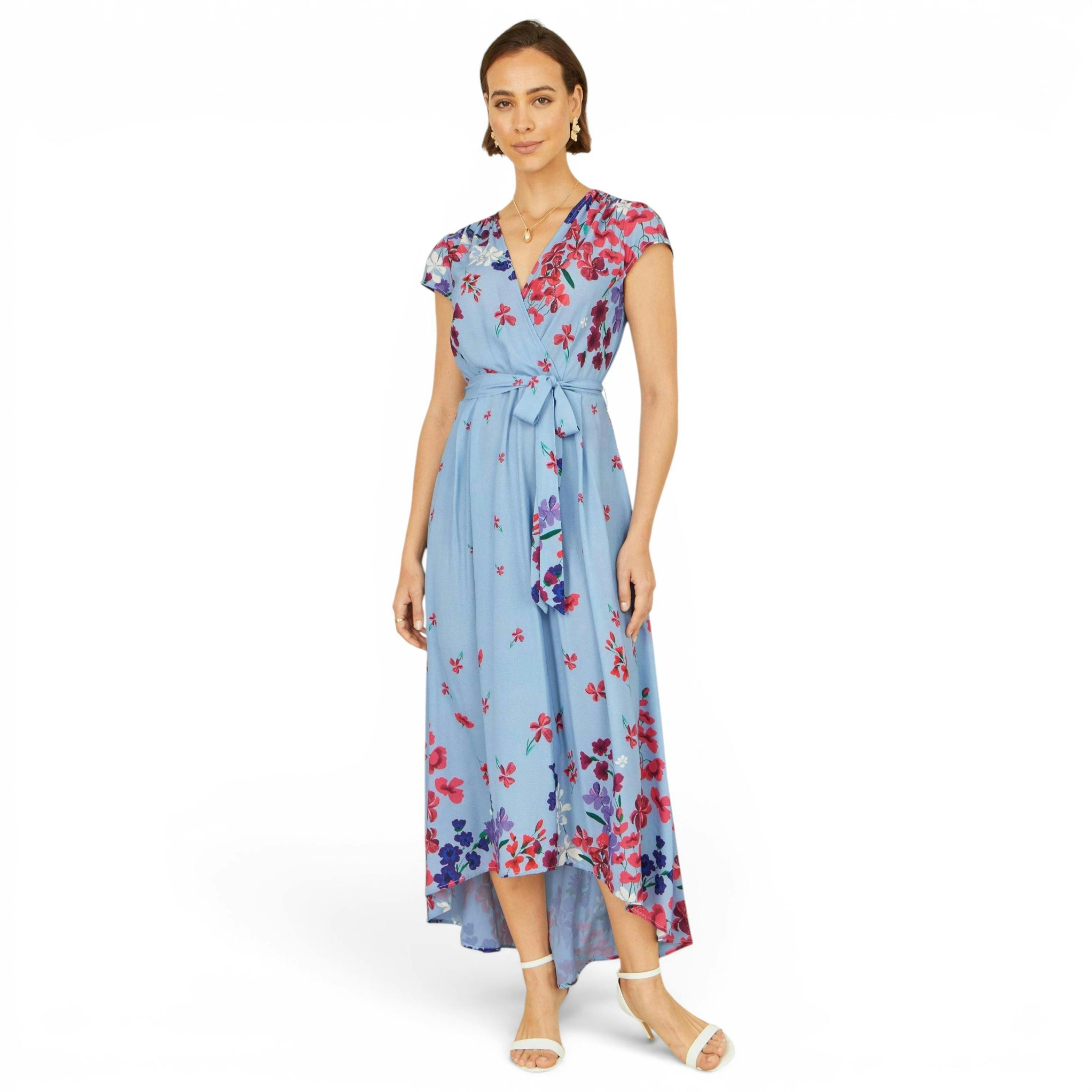 Yumi Blue Floral Mirror Wrap High Low Midi Wrap Dress , view 5 of 6