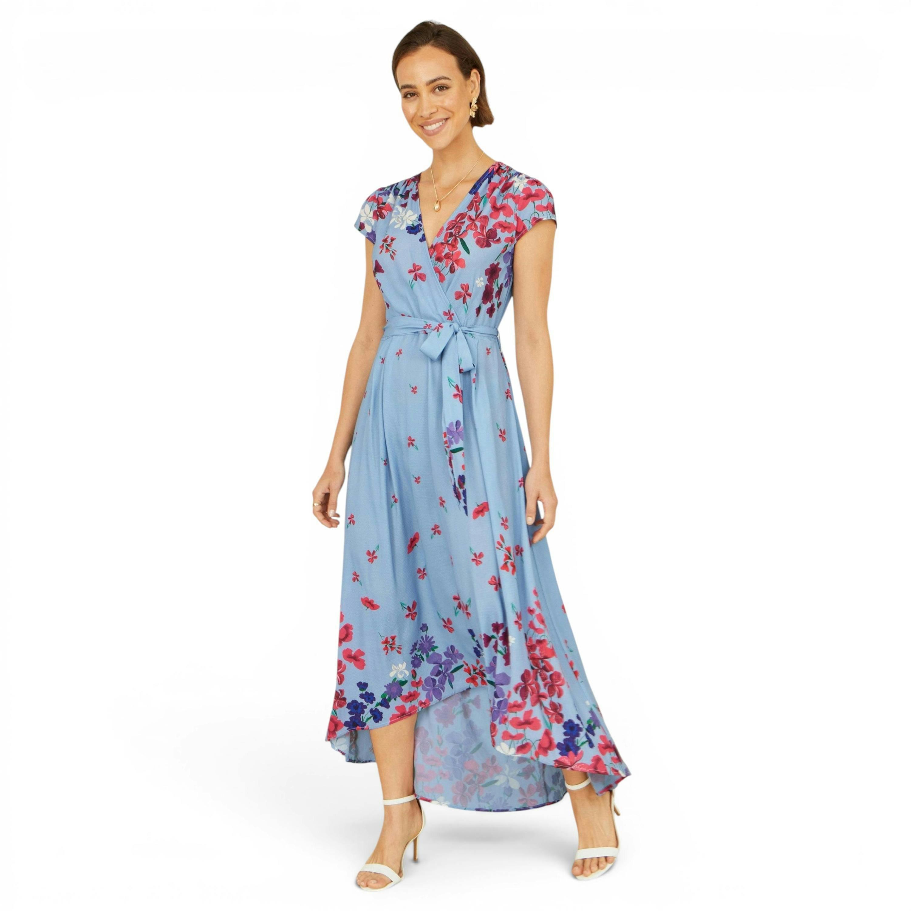 Yumi Blue Floral Mirror Wrap High Low Midi Wrap Dress , view 6 of 6