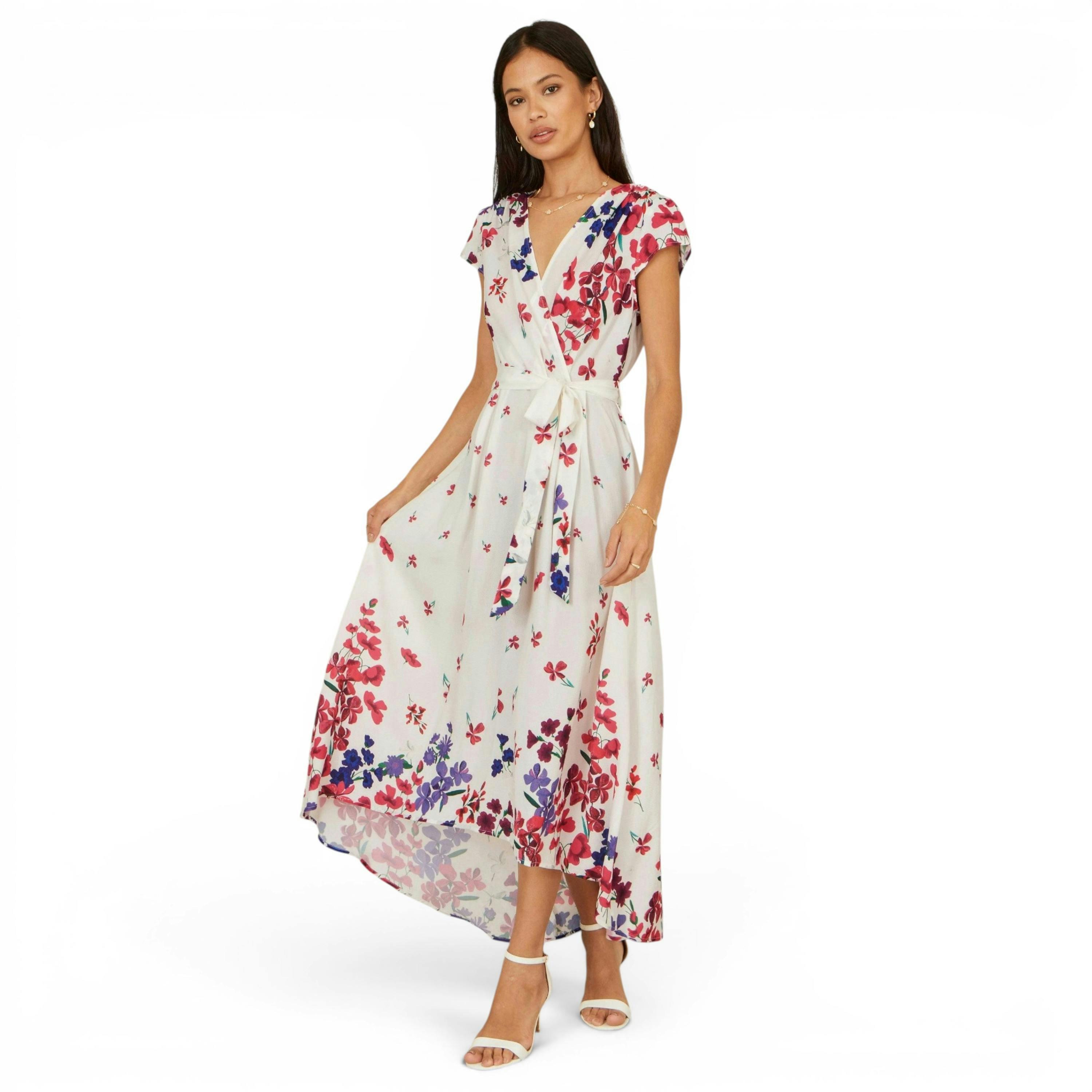 Yumi Ivory Floral Mirror Wrap Dress With Dip Hem , view 1 of 6