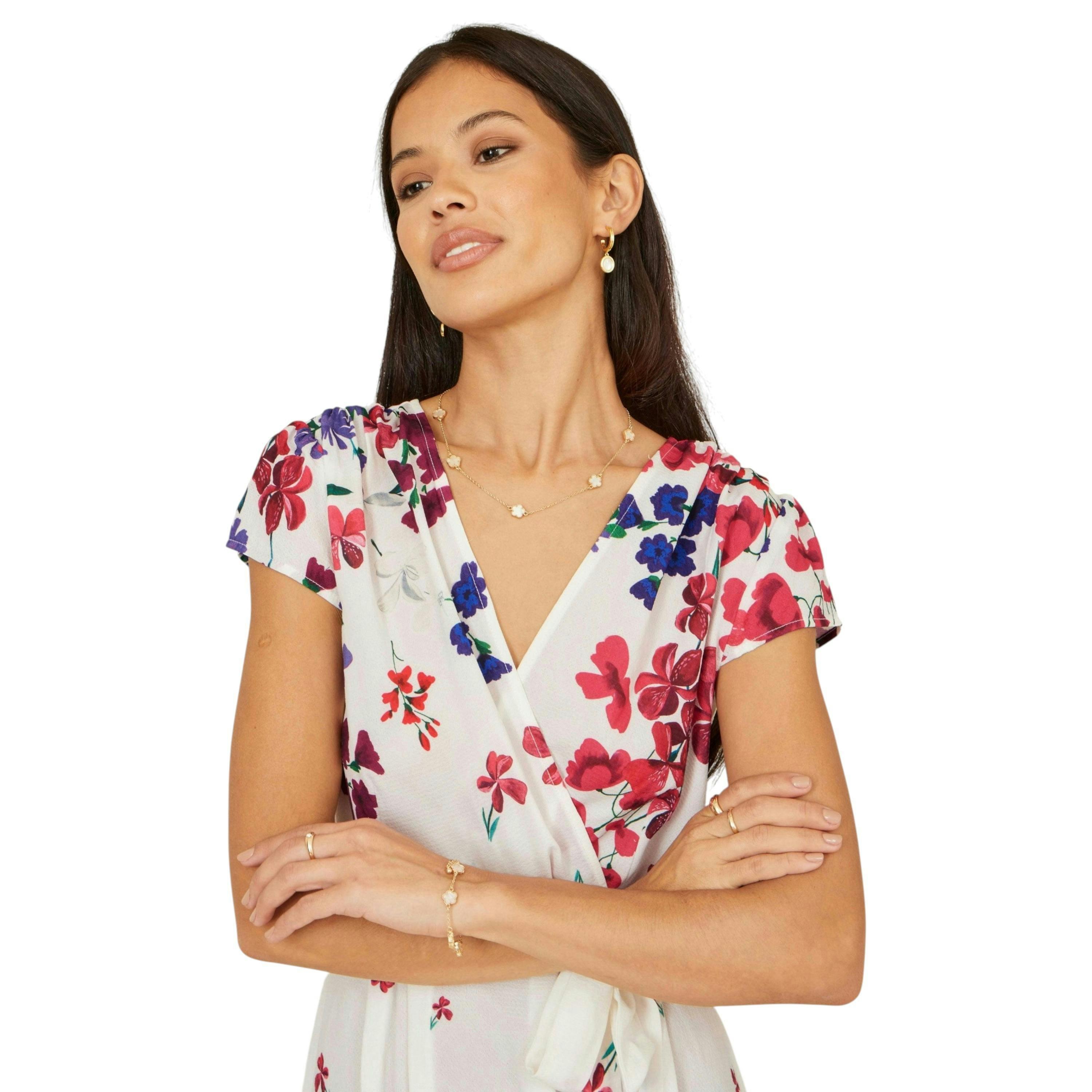 Yumi Ivory Floral Mirror Wrap Dress With Dip Hem , view 2 of 6