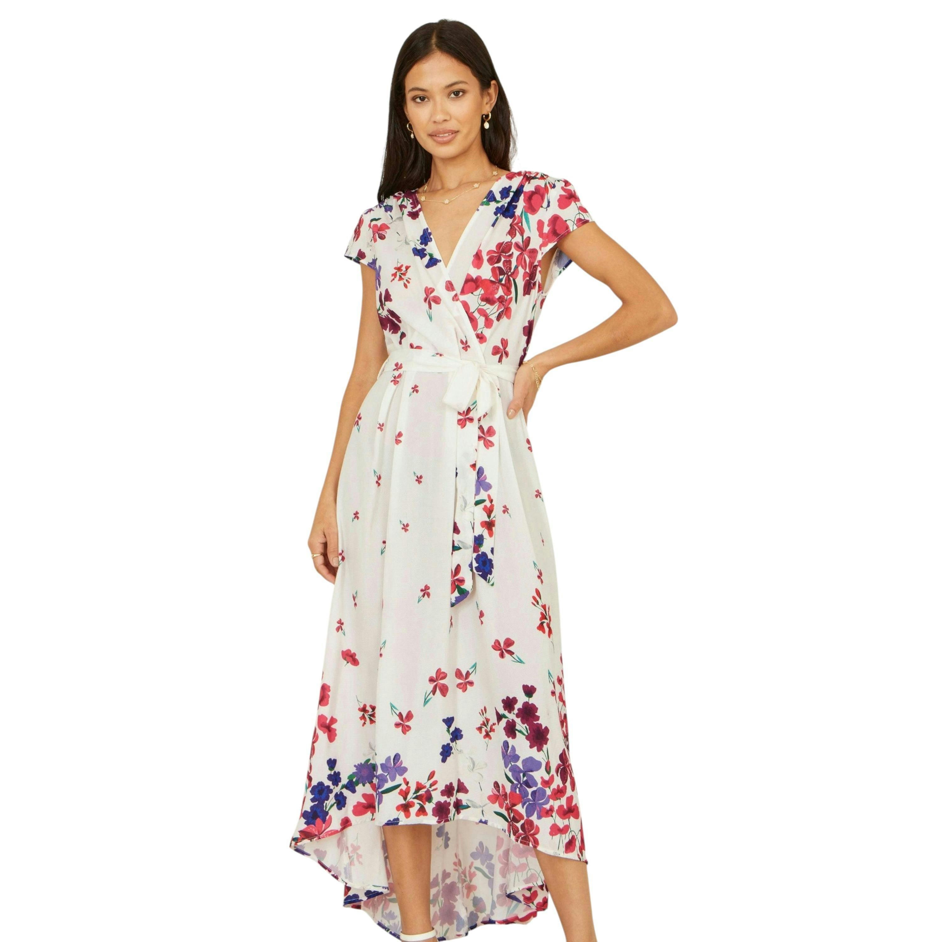 Yumi Ivory Floral Mirror Wrap Dress With Dip Hem , view 3 of 6