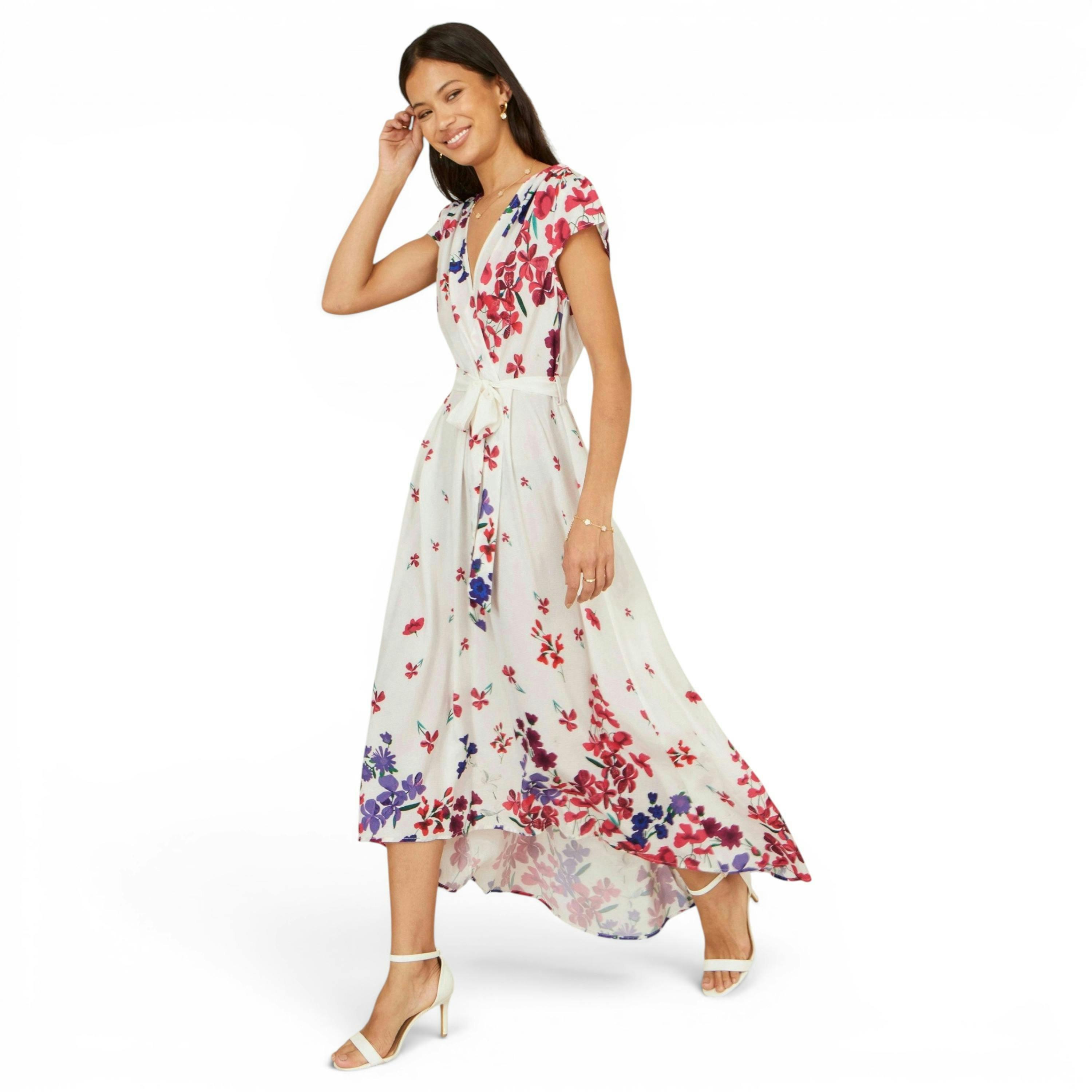 Yumi Ivory Floral Mirror Wrap Dress With Dip Hem , view 4 of 6