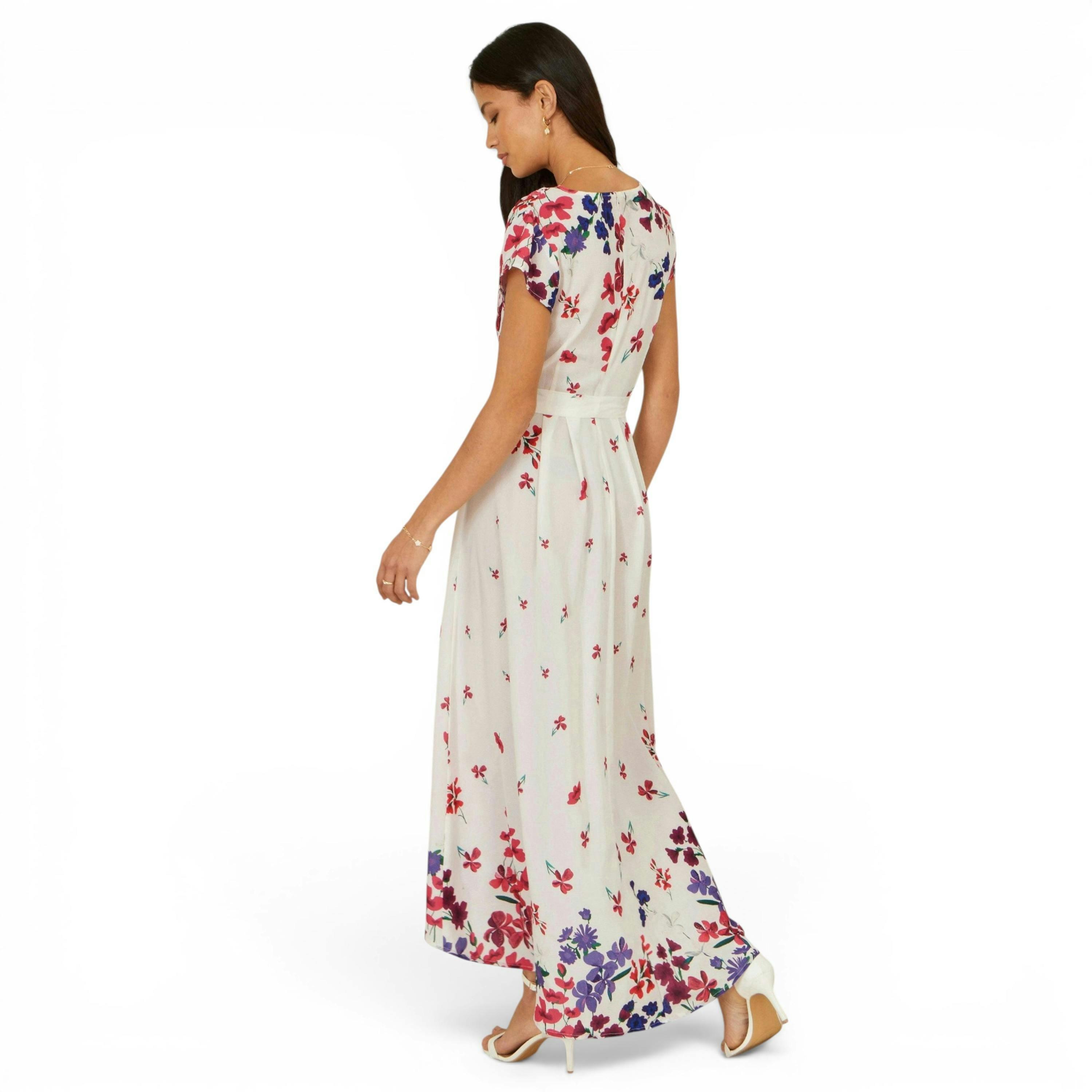 Yumi Ivory Floral Mirror Wrap Dress With Dip Hem , view 5 of 6