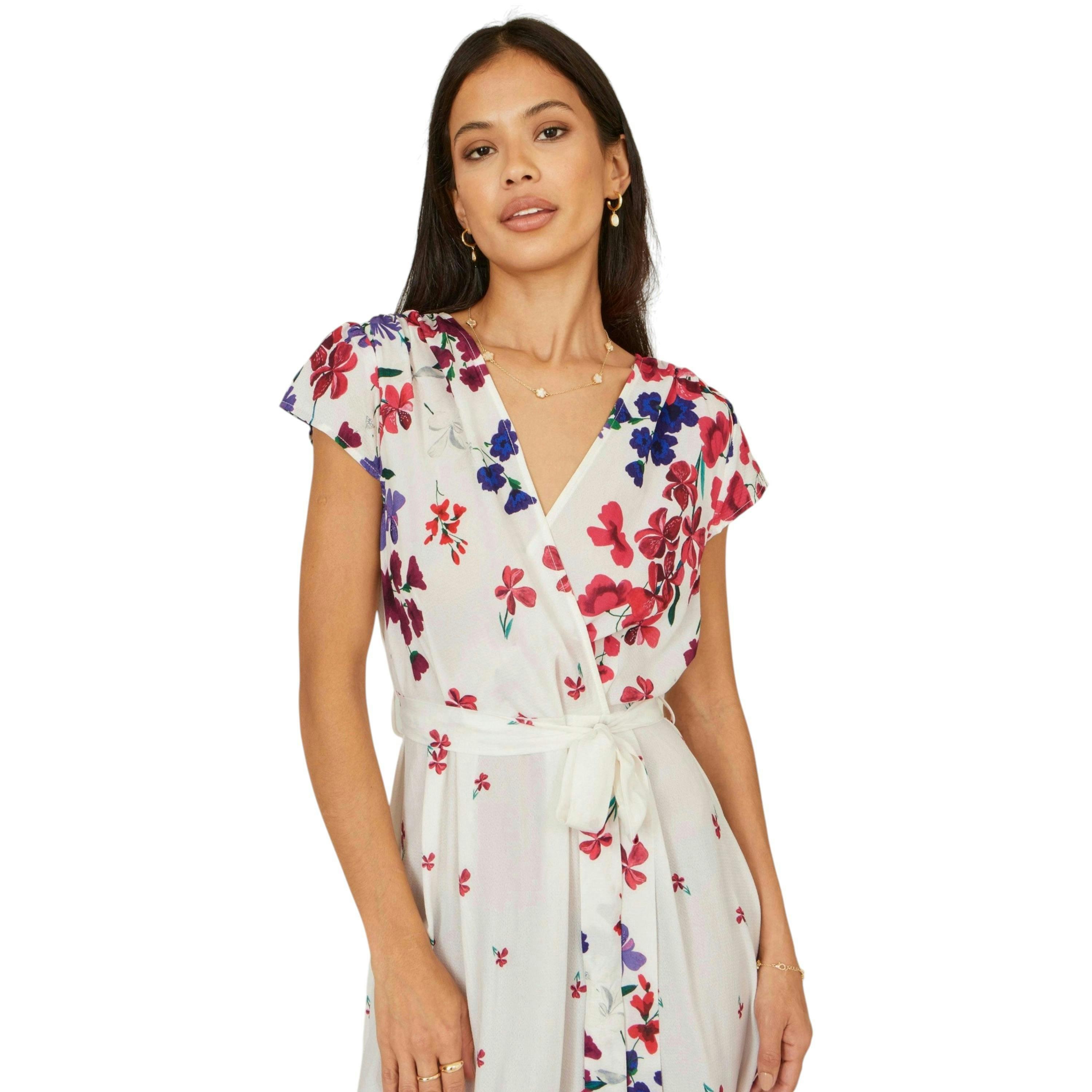 Yumi Ivory Floral Mirror Wrap Dress With Dip Hem , view 6 of 6