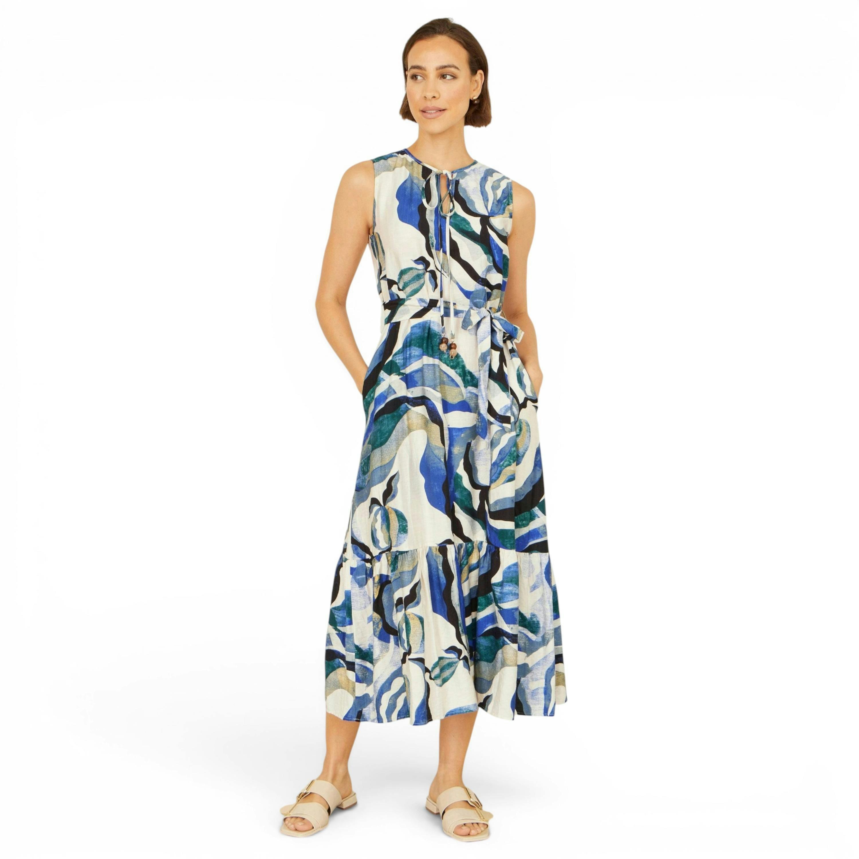 Yumi Blue Viscose Swirl Print Midi Dress , view 3 of 6