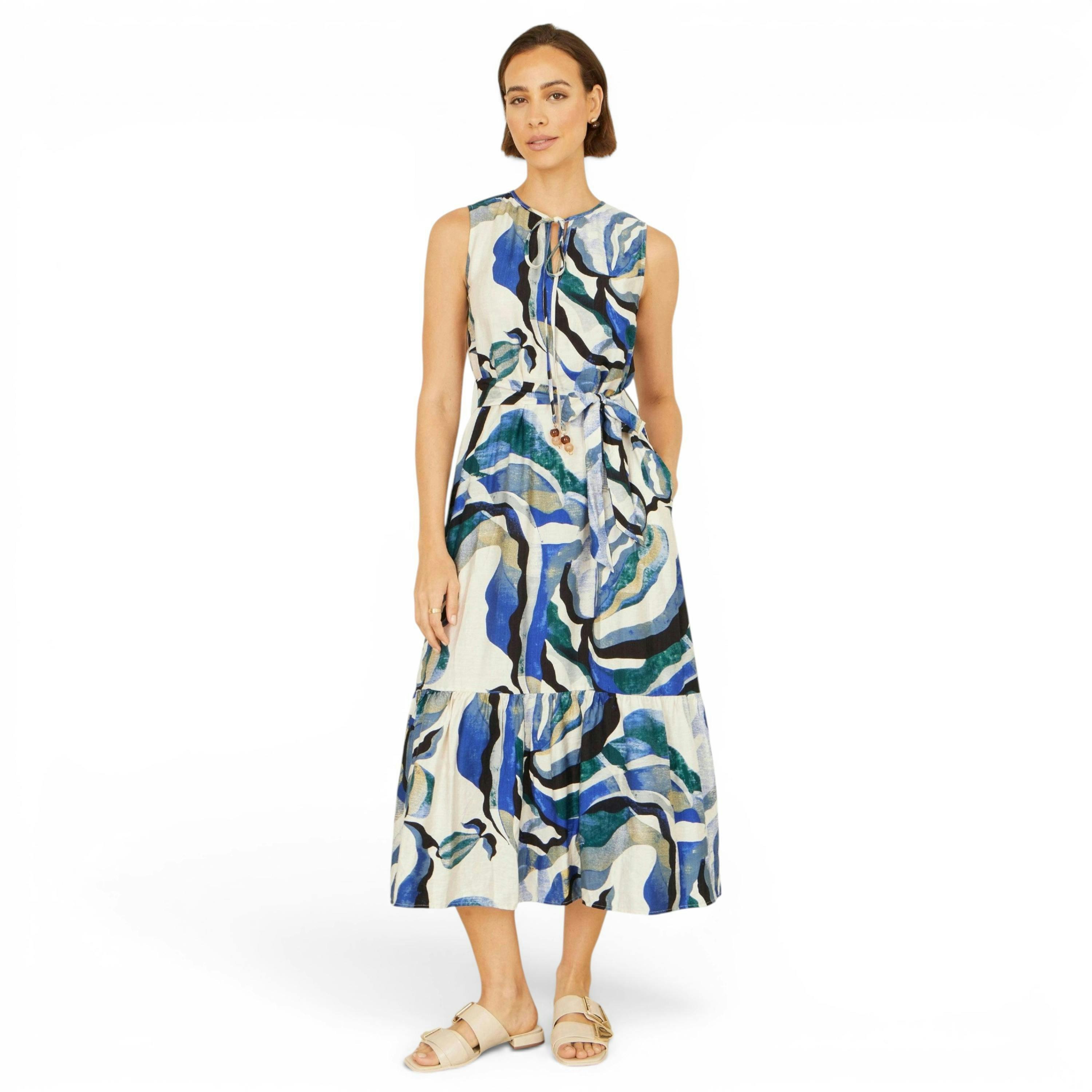 Yumi Blue Viscose Swirl Print Midi Dress , view 5 of 6