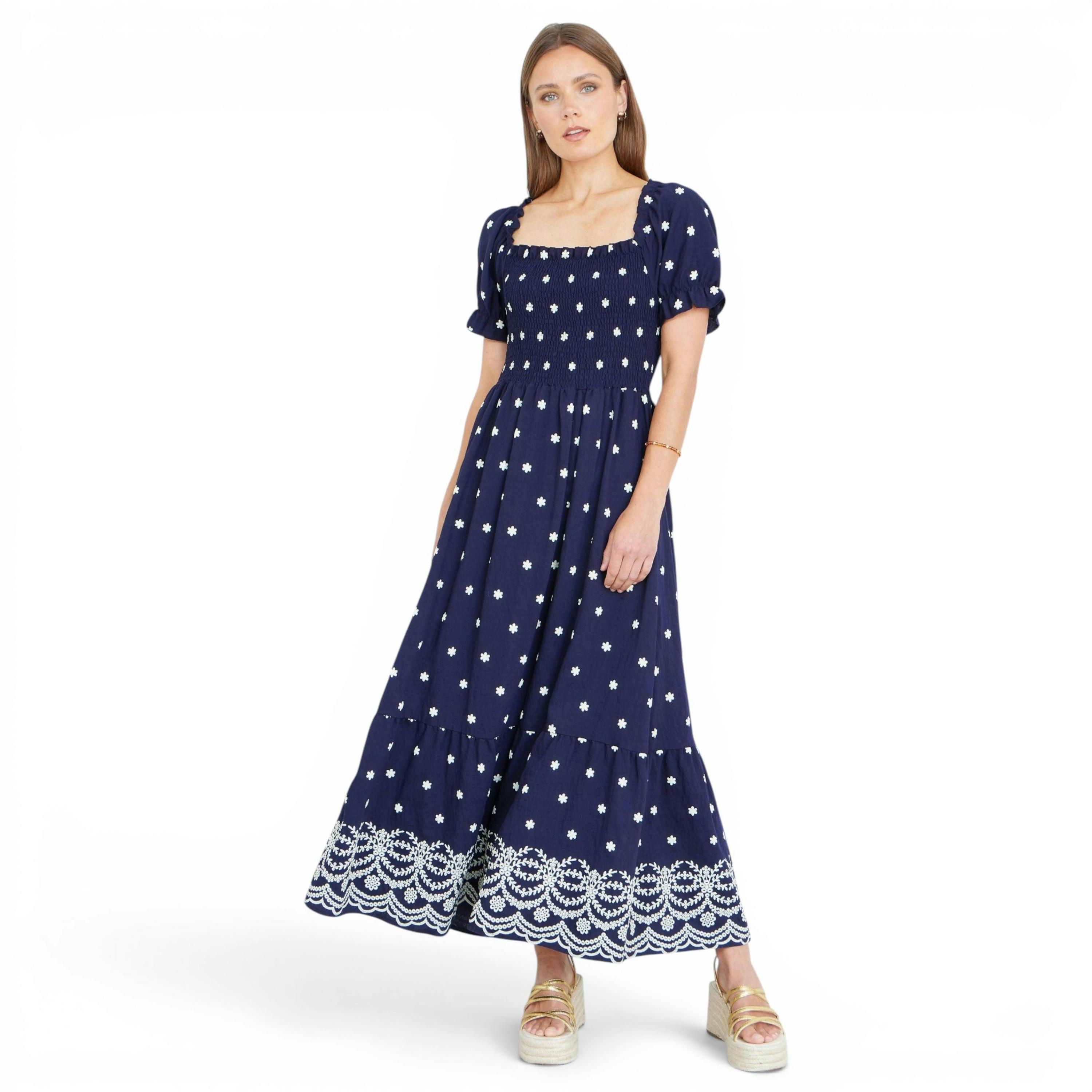 Yumi Navy Border Hemline Smocked Maxi Dress , view 1 of 5