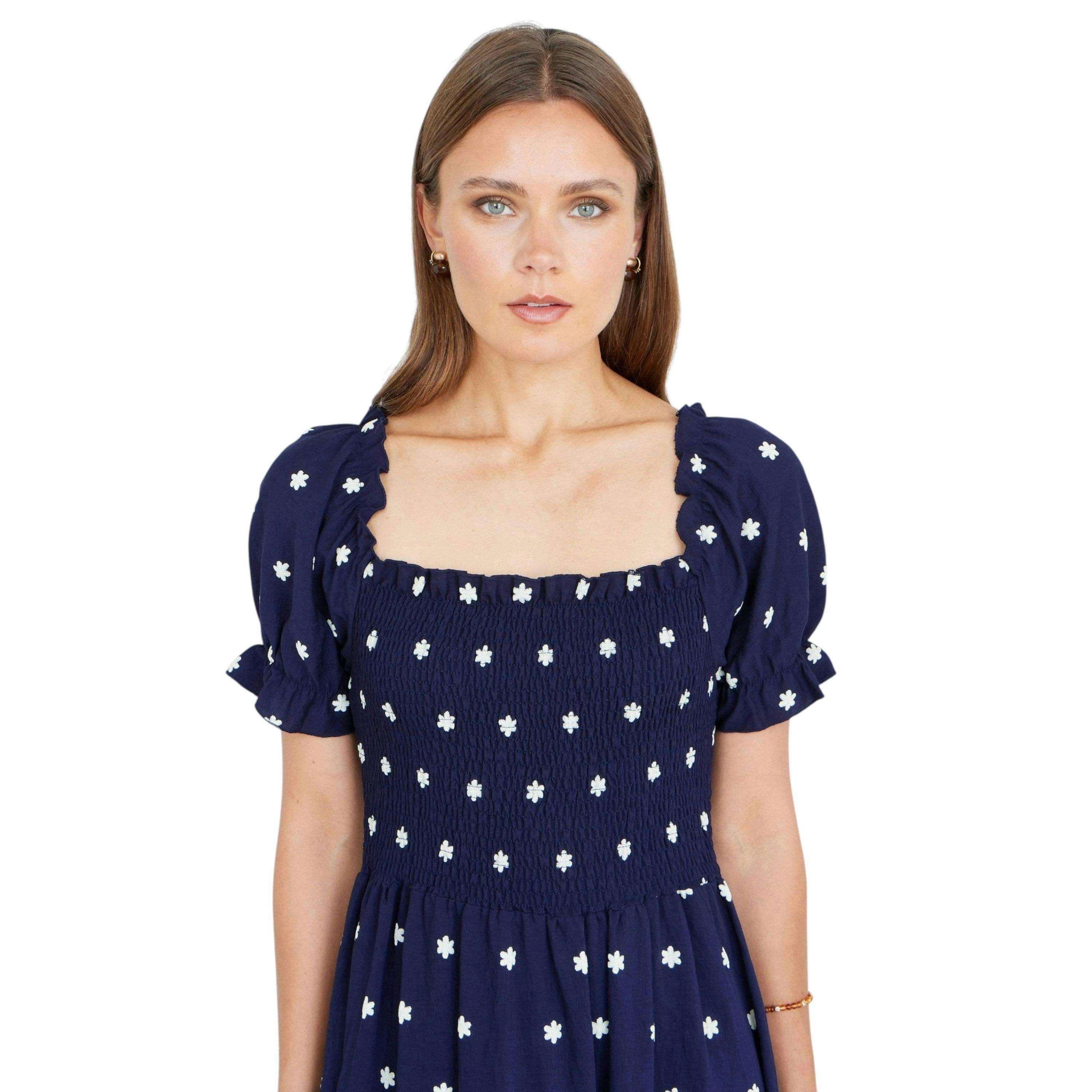 Yumi Navy Border Hemline Smocked Maxi Dress , view 2 of 5