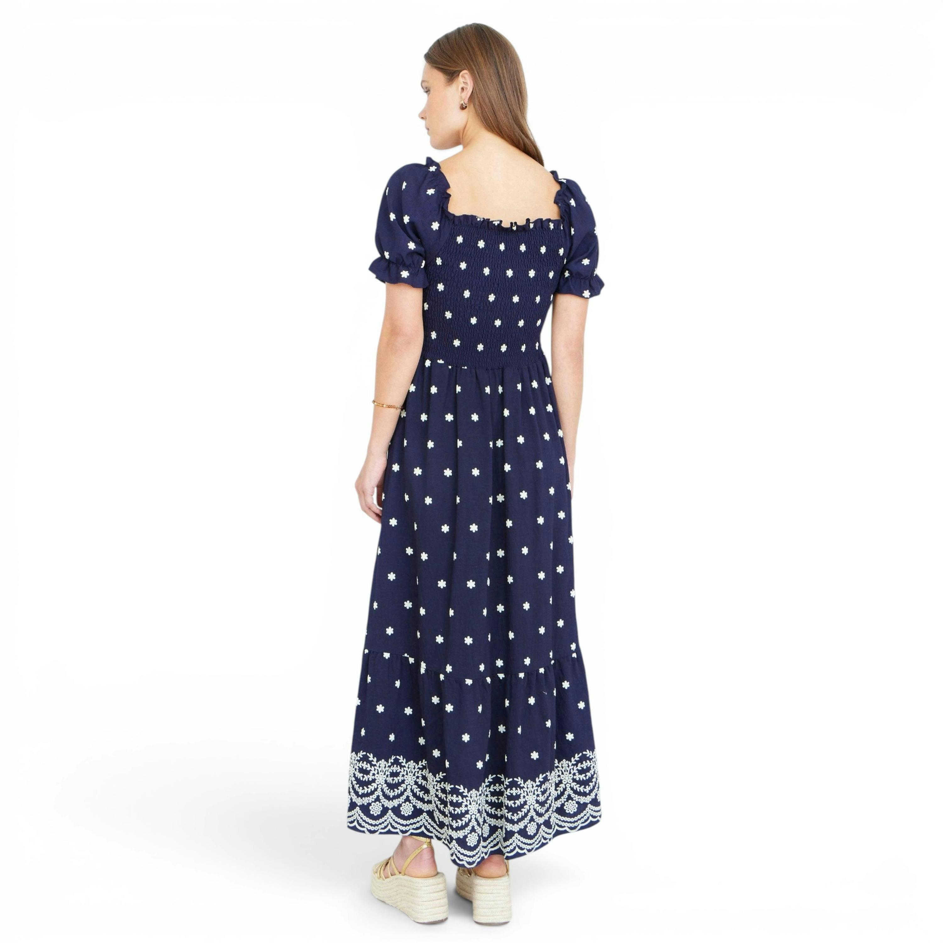 Yumi Navy Border Hemline Smocked Maxi Dress , view 3 of 5