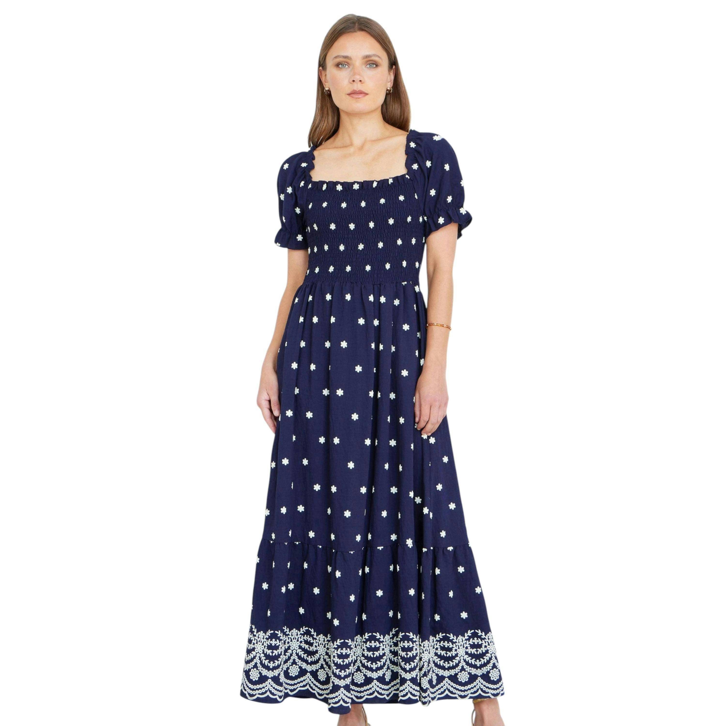 Yumi Navy Border Hemline Smocked Maxi Dress , view 4 of 5