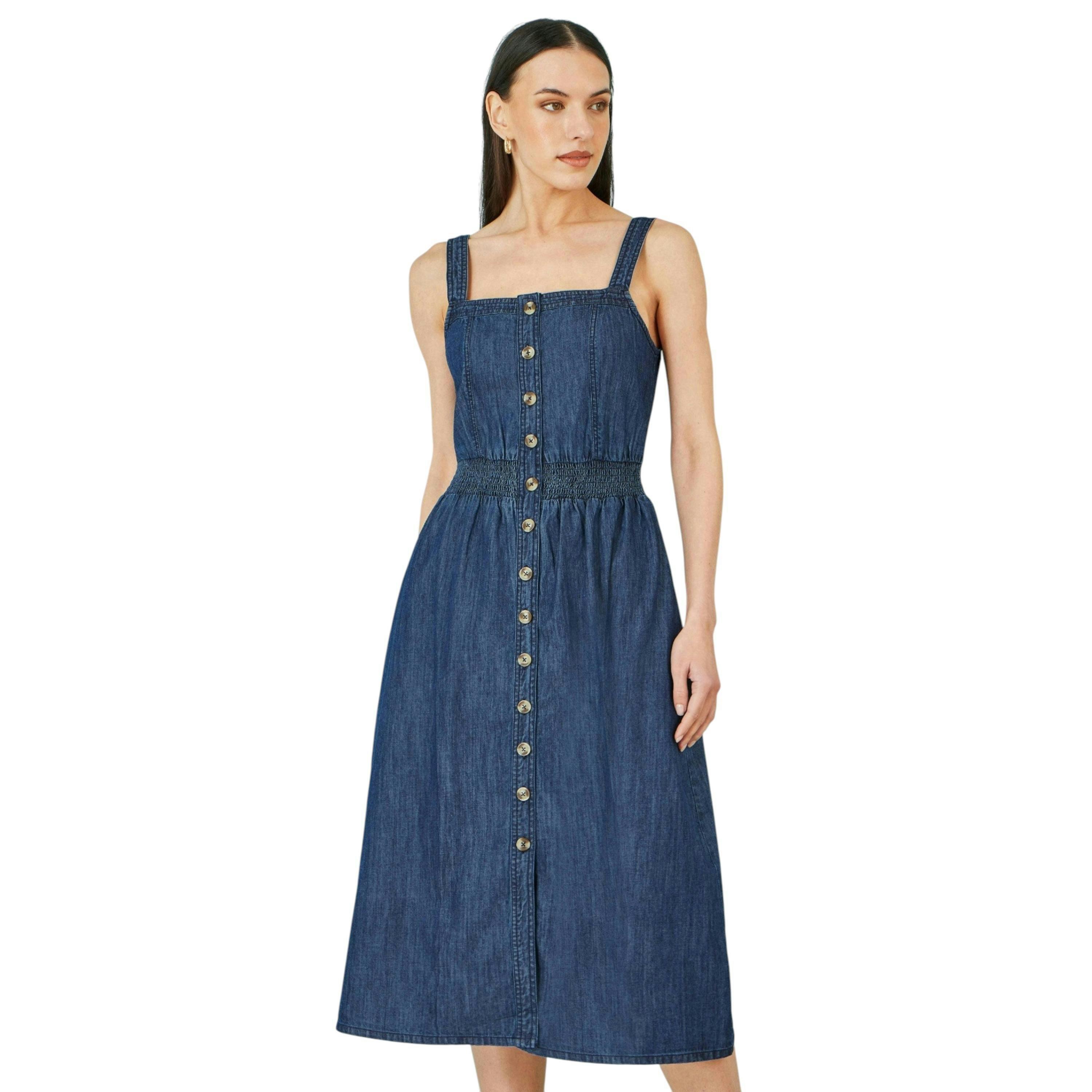 Yumi Blue Chambray Cotton Ruched Midi Sun Dress , view 1 of 4