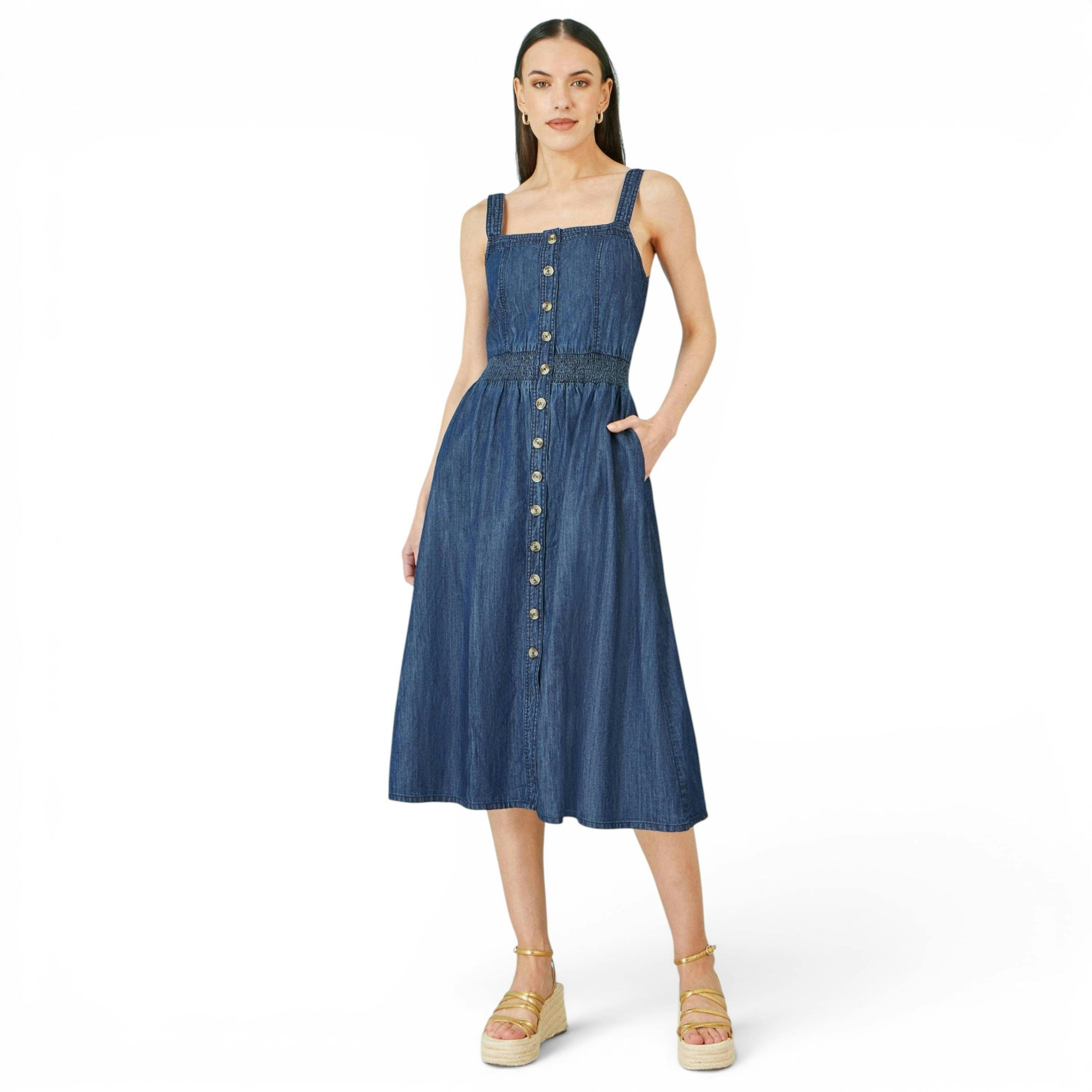 Yumi Blue Chambray Cotton Ruched Midi Sun Dress , view 2 of 4