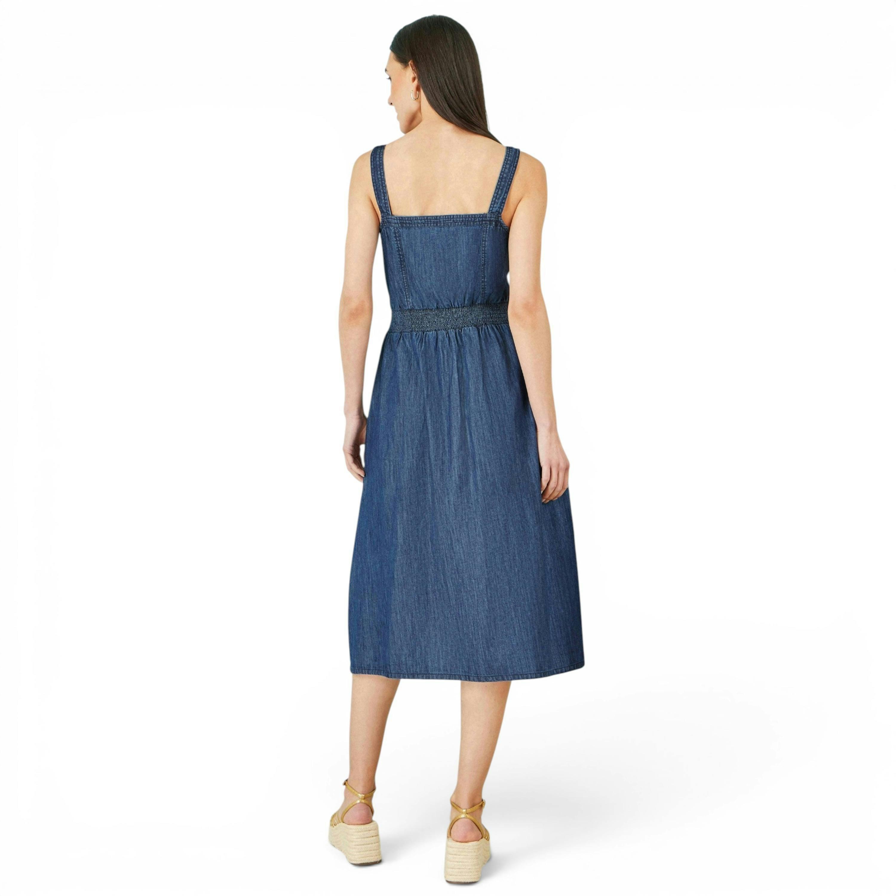 Yumi Blue Chambray Cotton Ruched Midi Sun Dress , view 3 of 4