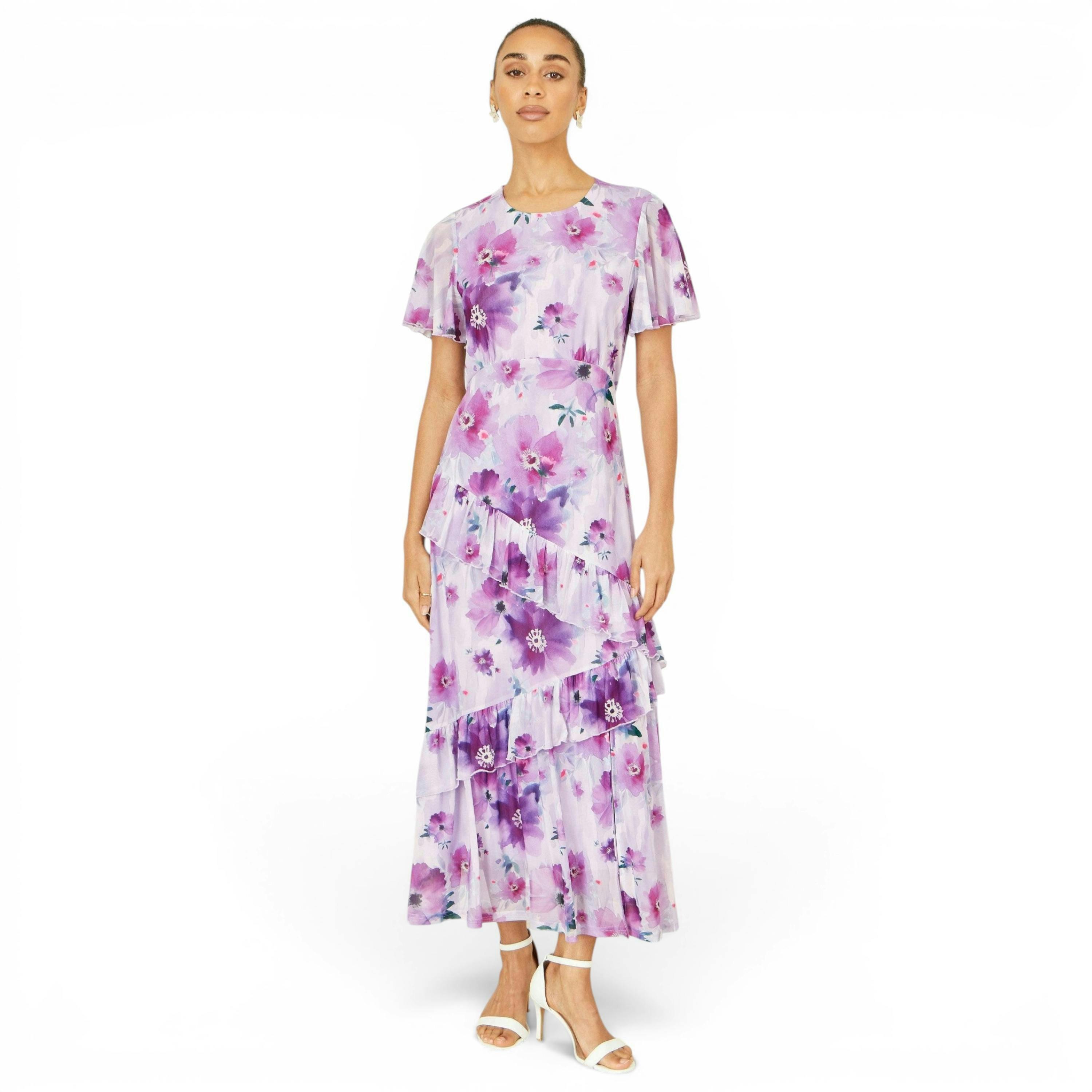 Yumi Lavender Floral Print Frill Midi Dress , view 1 of 6