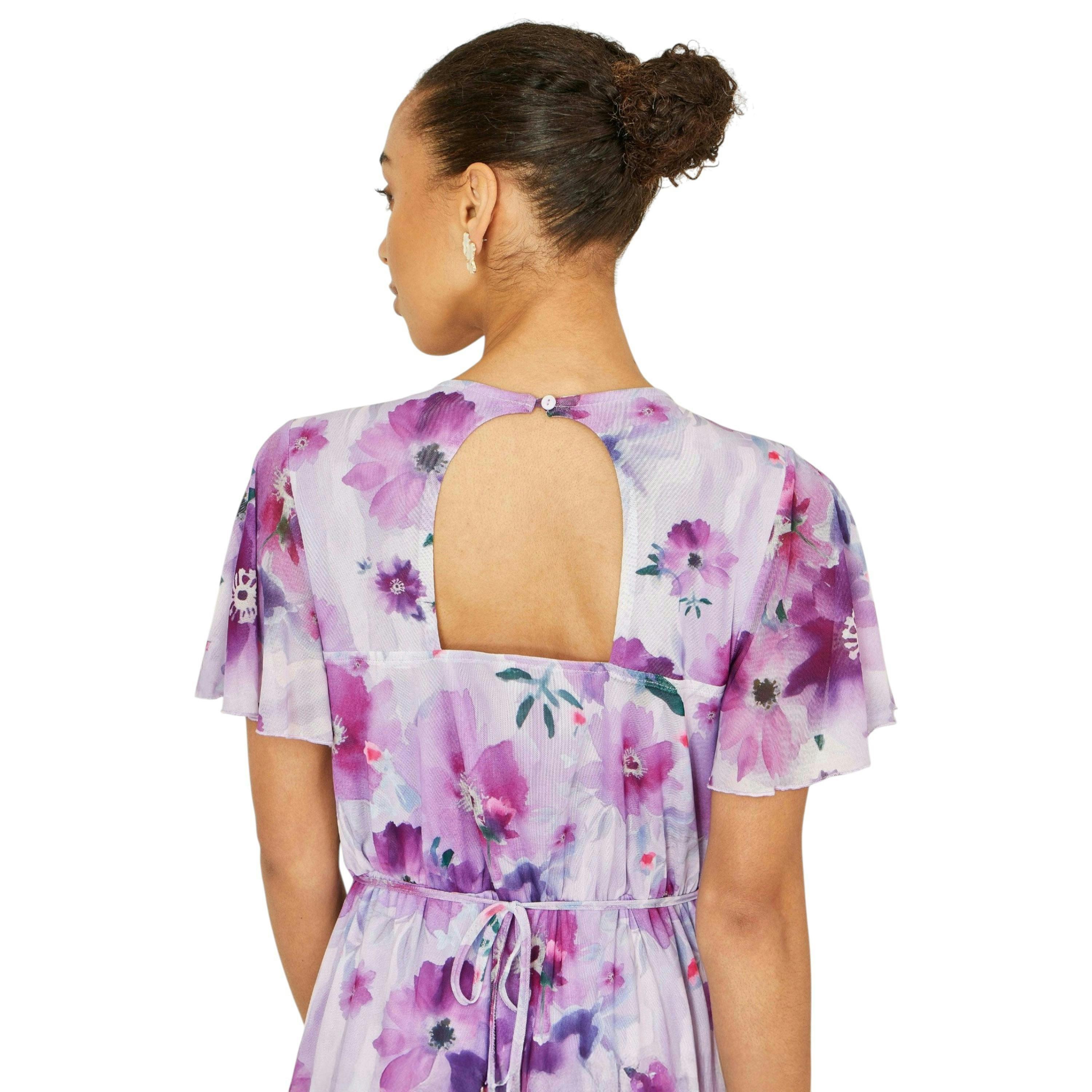 Yumi Lavender Floral Print Frill Midi Dress , view 2 of 6