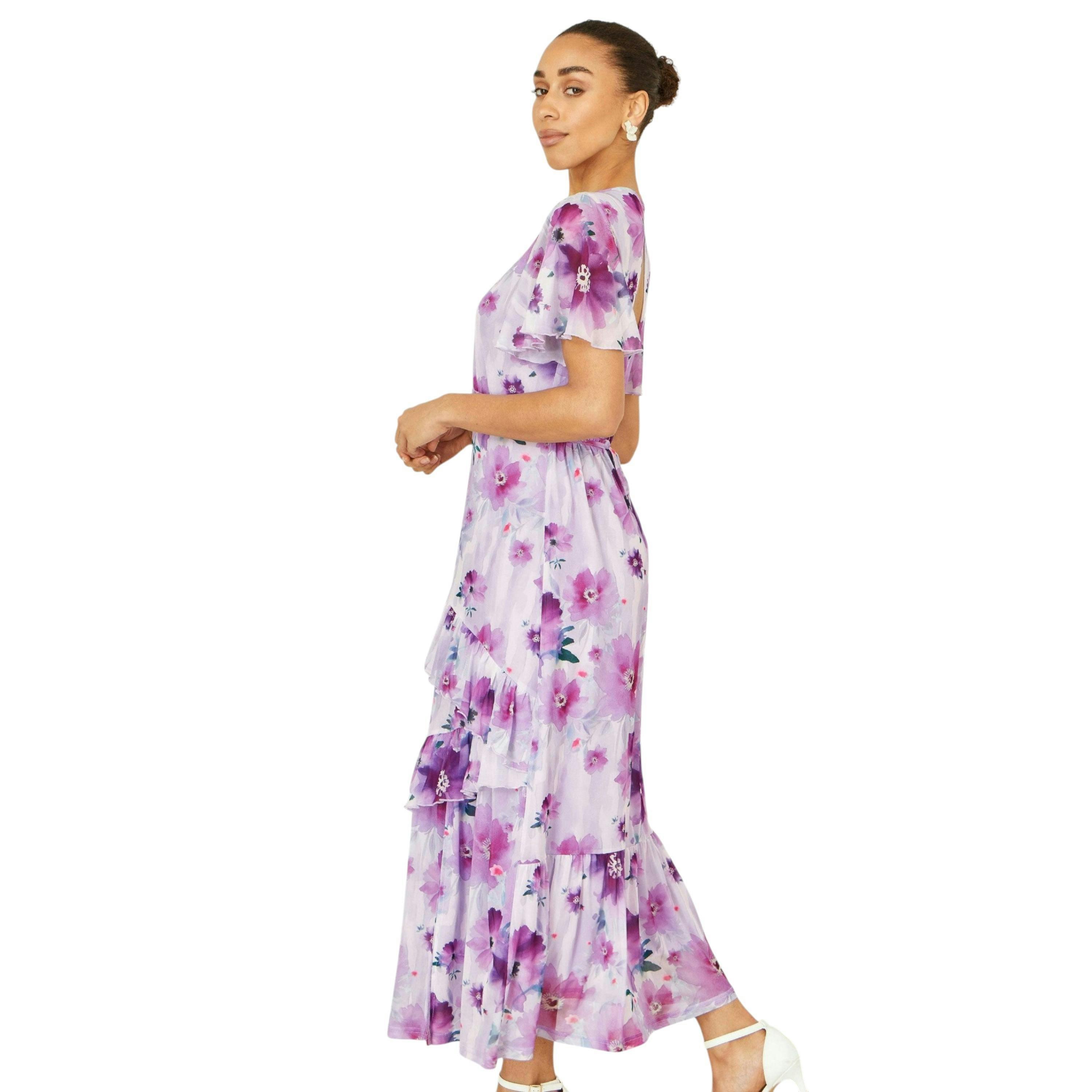 Yumi Lavender Floral Print Frill Midi Dress , view 3 of 6